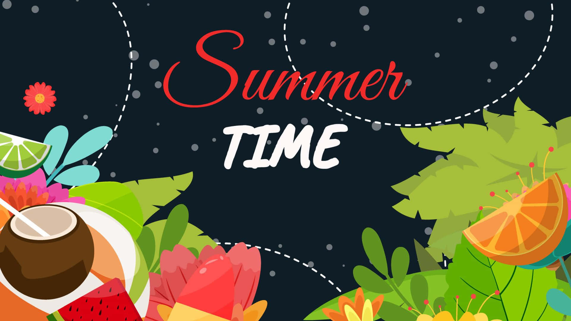 夏天 桌布 壁紙 — 充滿活力的夏季主題數位插圖，包含熱帶水果、花卉和粗體文字，背景為深色星空。