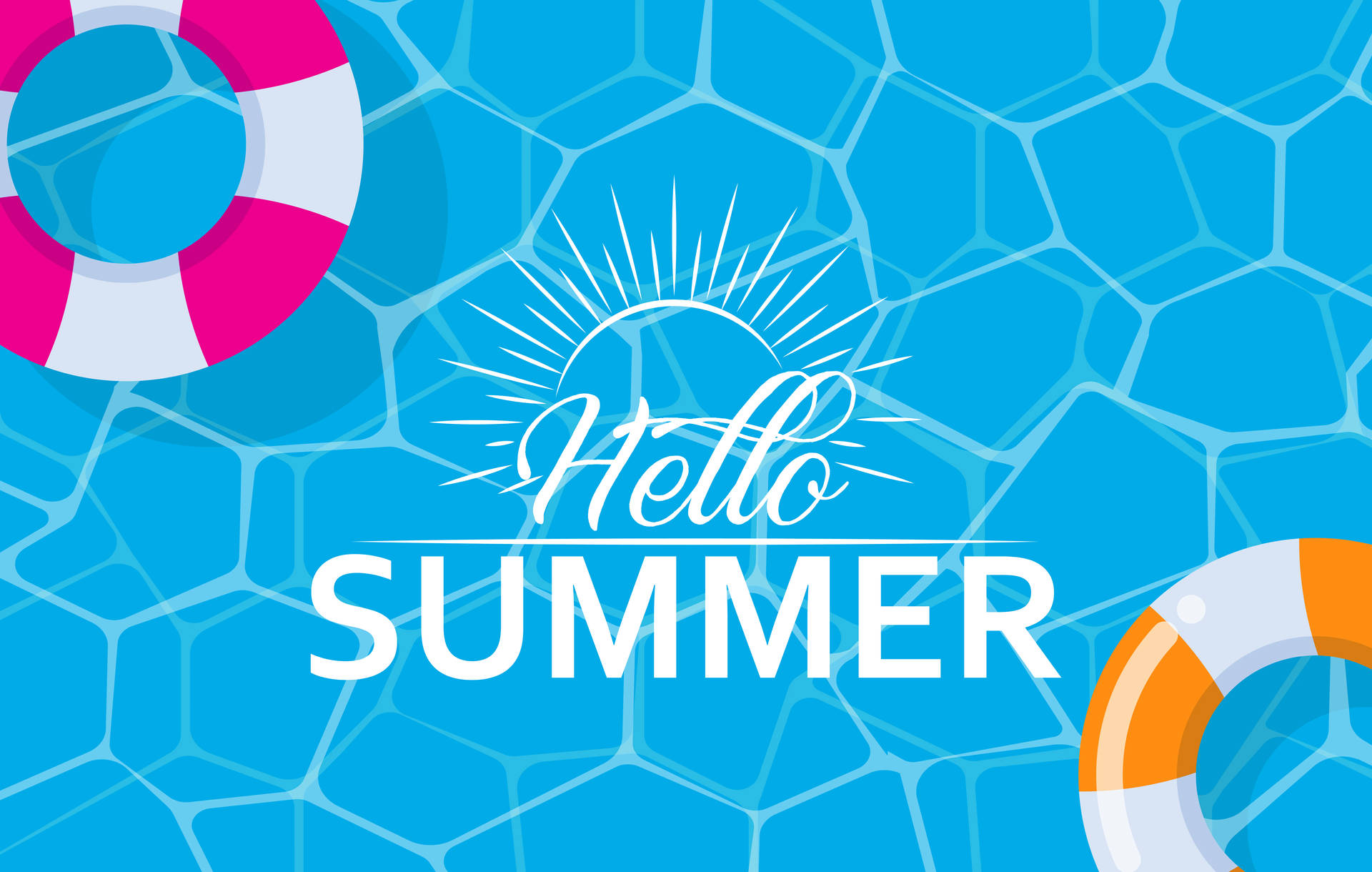 藍色泳池瓷磚上的 Hello SUMMER 文字，配有粉紅色和橙色救生圈