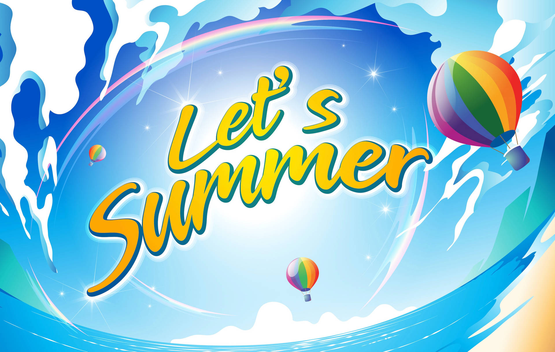 色彩繽紛的熱氣球在明亮的夏日天空中飄浮，伴隨閃爍星星和「Let's Summer」文字。