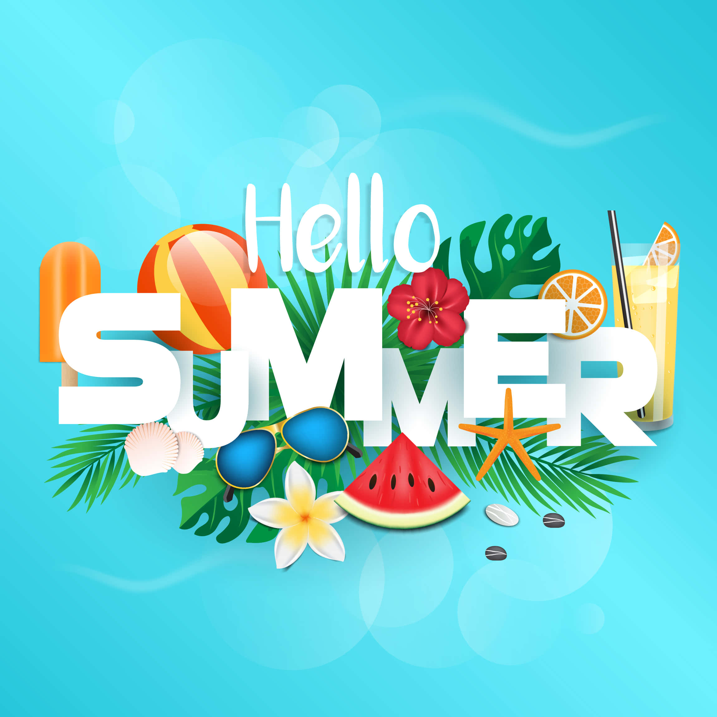 Hello 桌布 壁紙 — 充滿活力的夏日主題圖案，粗體文字被熱帶花卉、沙灘球和清涼飲料環繞，背景為明亮的藍色。