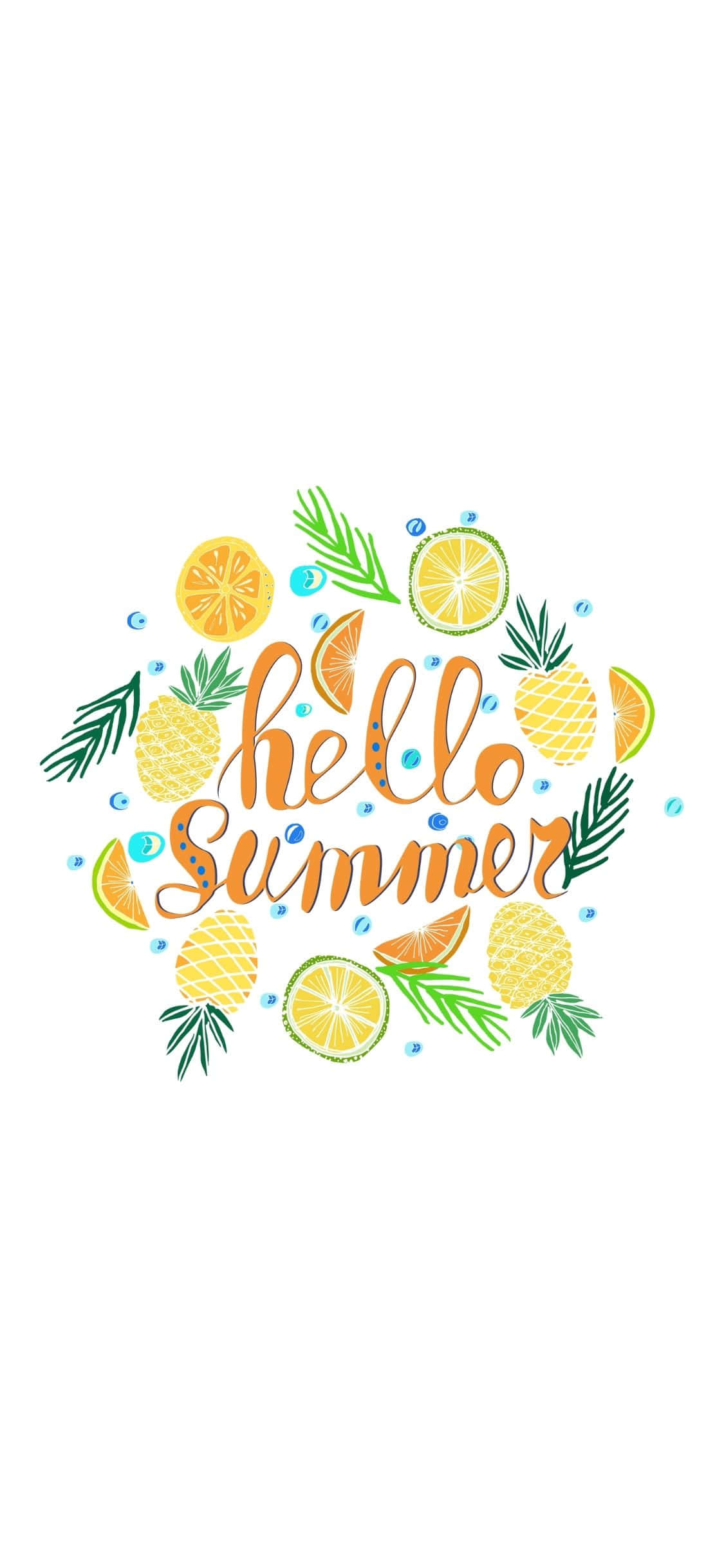夏天 桌布 壁紙 — 充滿活力的夏日問候，鳳梨、檸檬和棕櫚葉圍繞著白色背景上的草書文字排列。