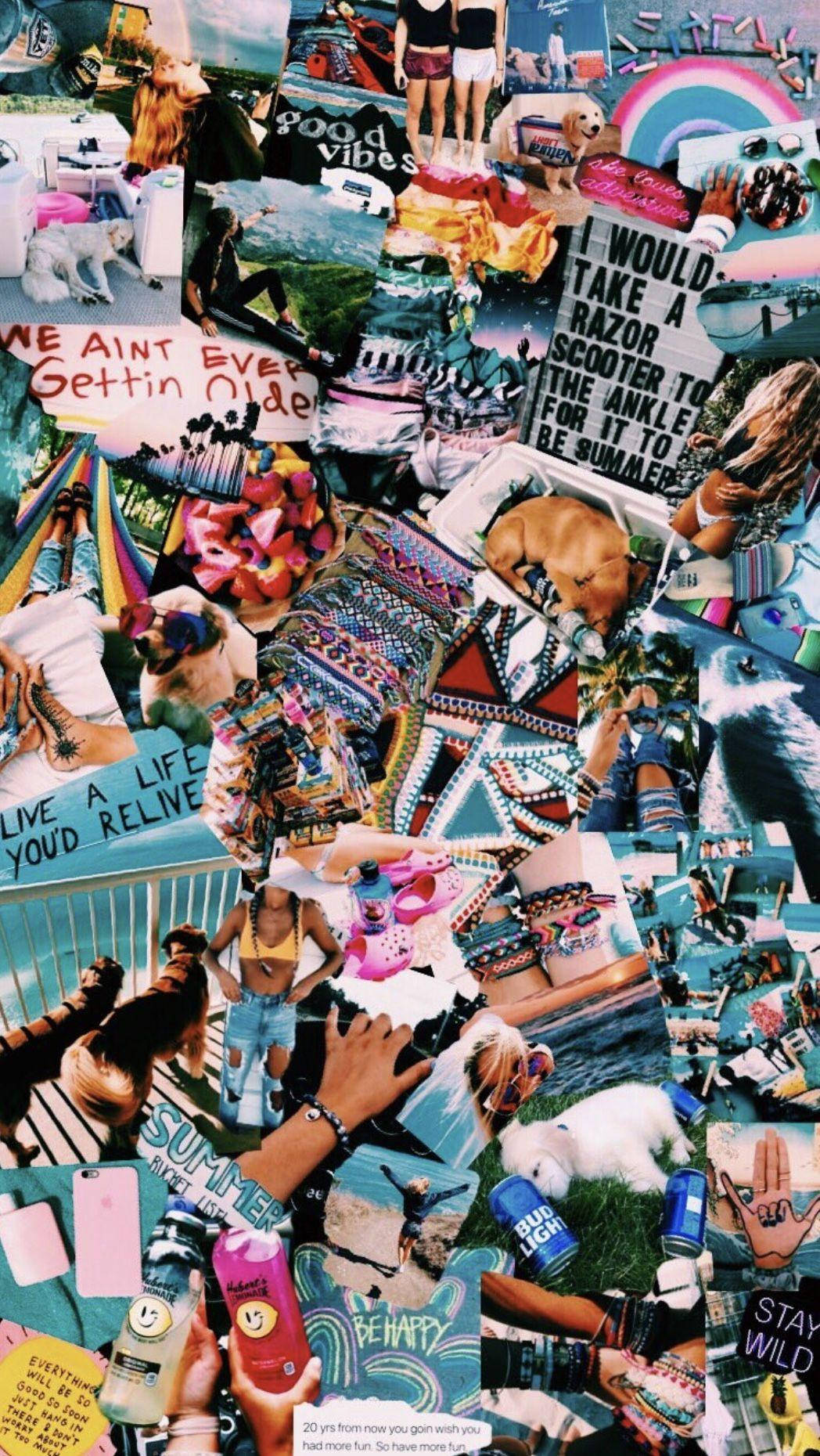 Summer Collage 桌布 壁紙 — 充滿活力的夏日回憶拼貼畫，包含狗、海灘場景、紋身和彩色文字疊加，慶祝年輕的自由。