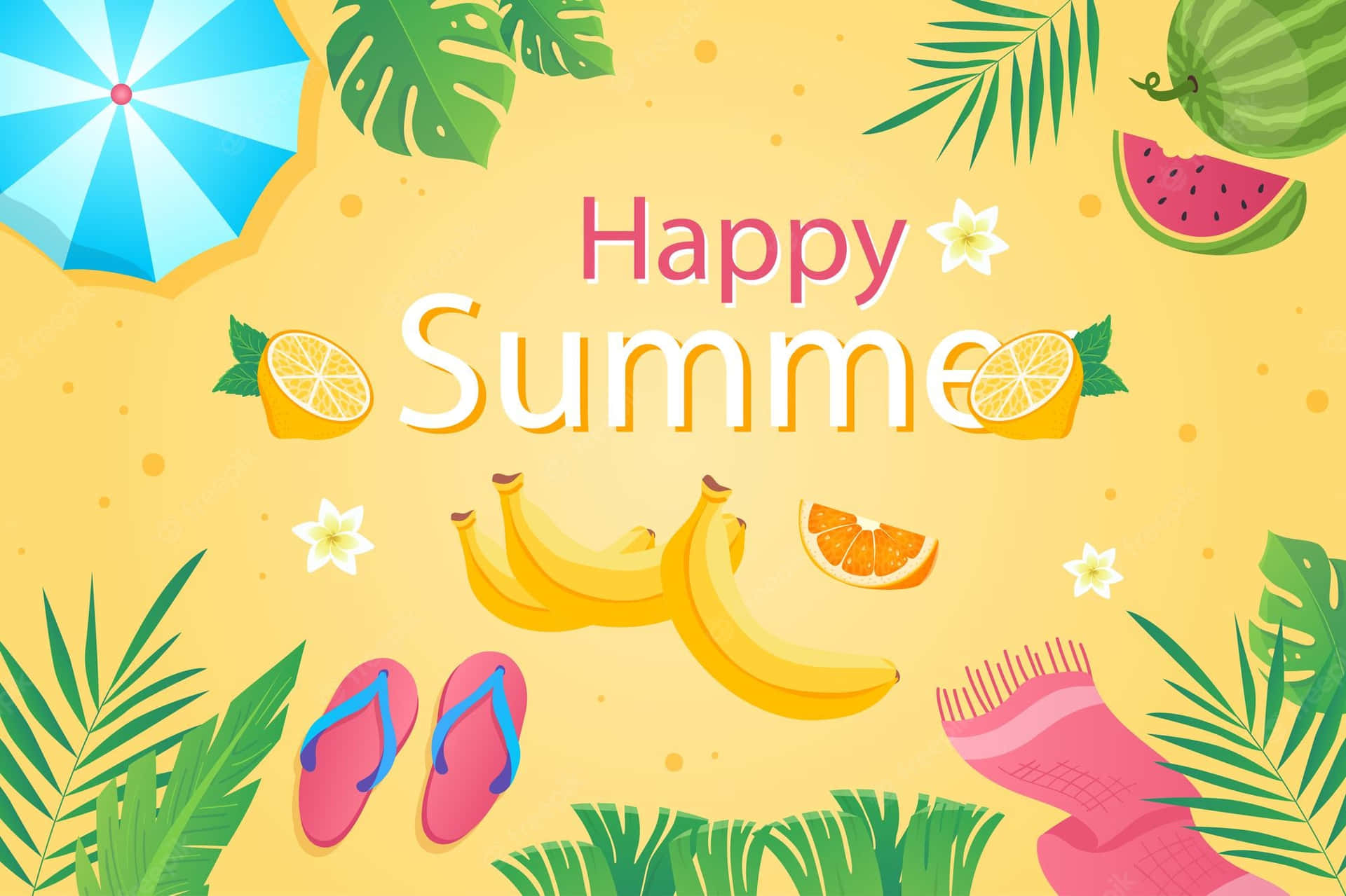 夏日插圖，背景為黃色，包含水果、人字拖和雨傘。 — 夏季 GIF 壁紙