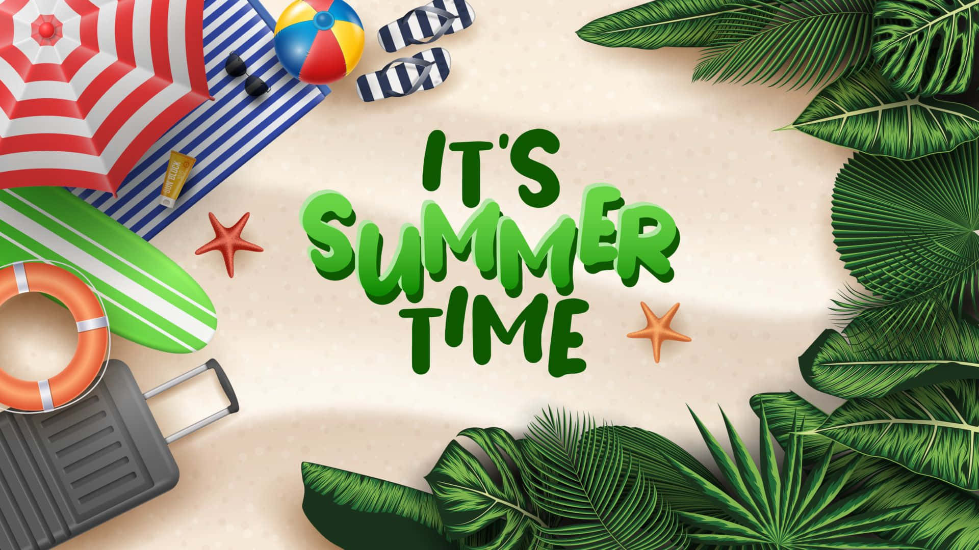 Tropical 桌布 壁紙 — 充滿活力的夏日場景，有熱帶樹葉、沙灘裝備和粗體文字宣佈現在是夏天。