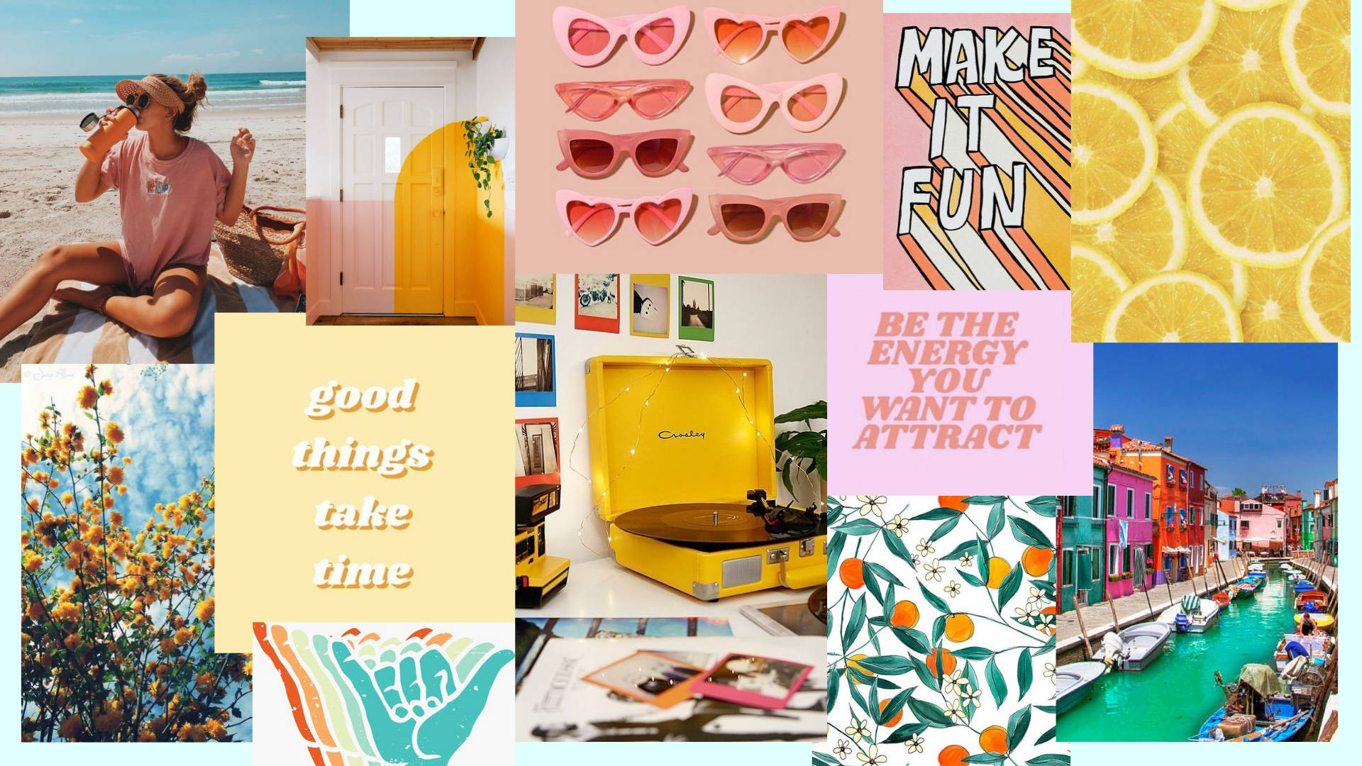 Summer Collage 桌布 壁紙 — 充滿活力的夏日場景拼貼畫，包括沙灘女孩、太陽眼鏡、檸檬片、運河船和勵志名言。