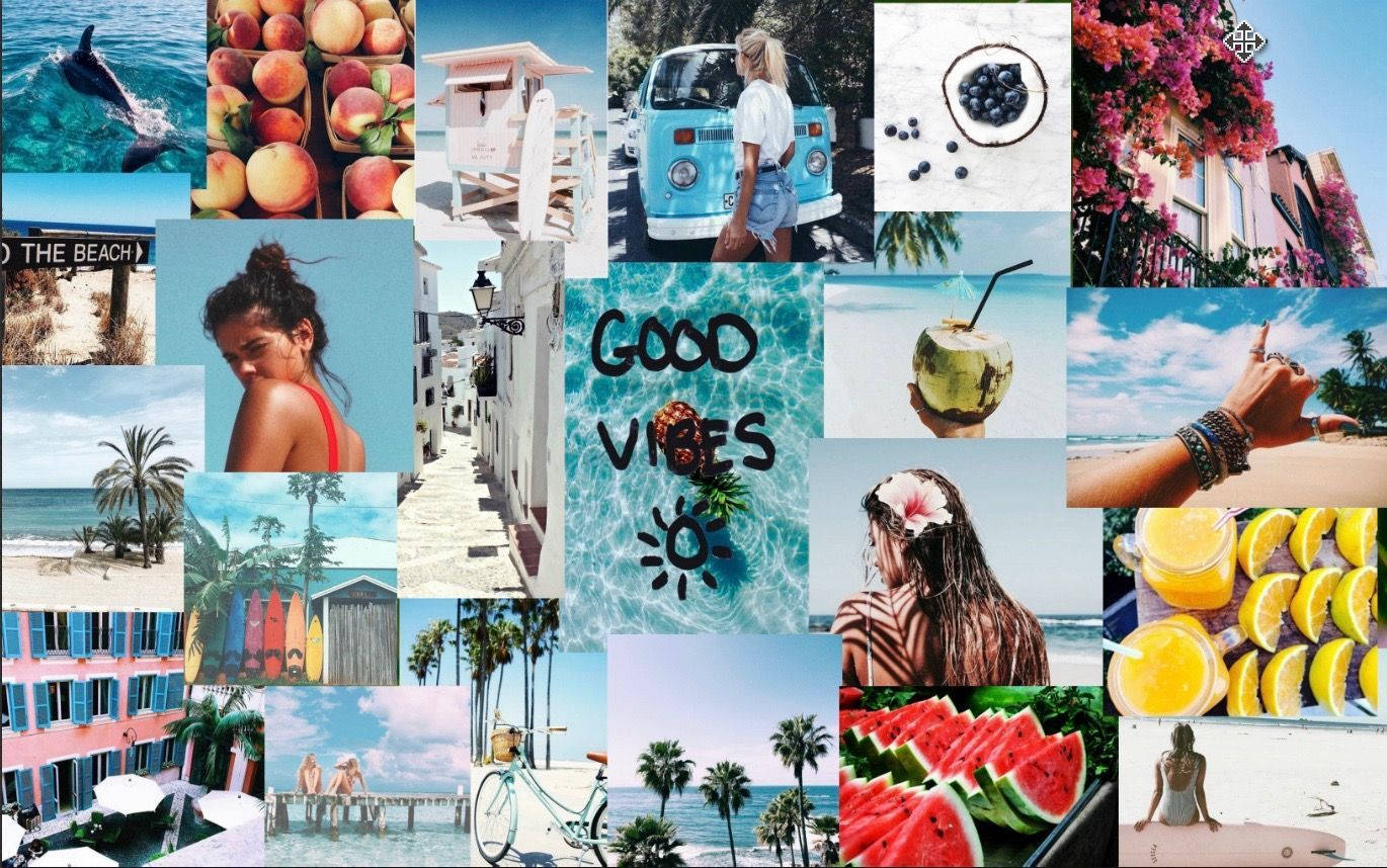 Good Vibes Only 桌布 壁紙 — 充滿活力的夏日拼貼畫， featuring 海灘場景、熱帶水果、棕櫚樹、復古廂型車和享受陽光與大海的快樂人們。