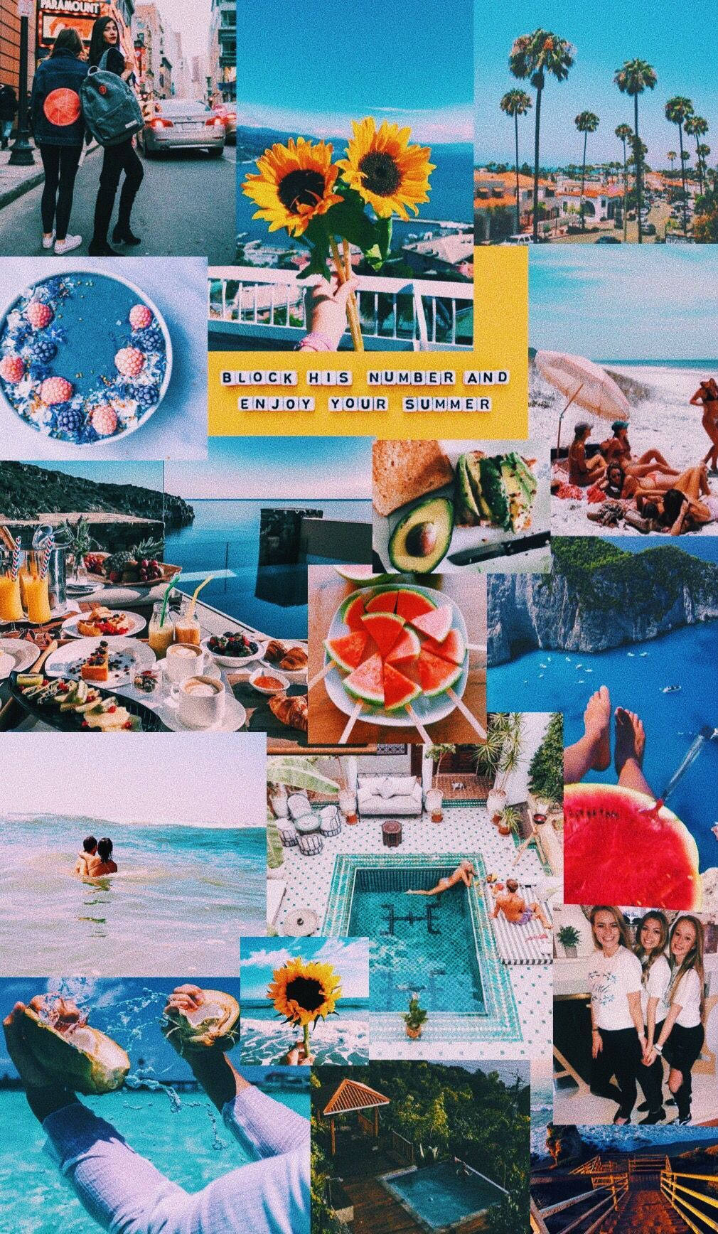 Summer Collage 桌布 壁紙 — 充滿活力的夏日拼貼畫，包含向日葵、泳池、沙灘、美食以及人們在明亮藍天下享受海岸生活。
