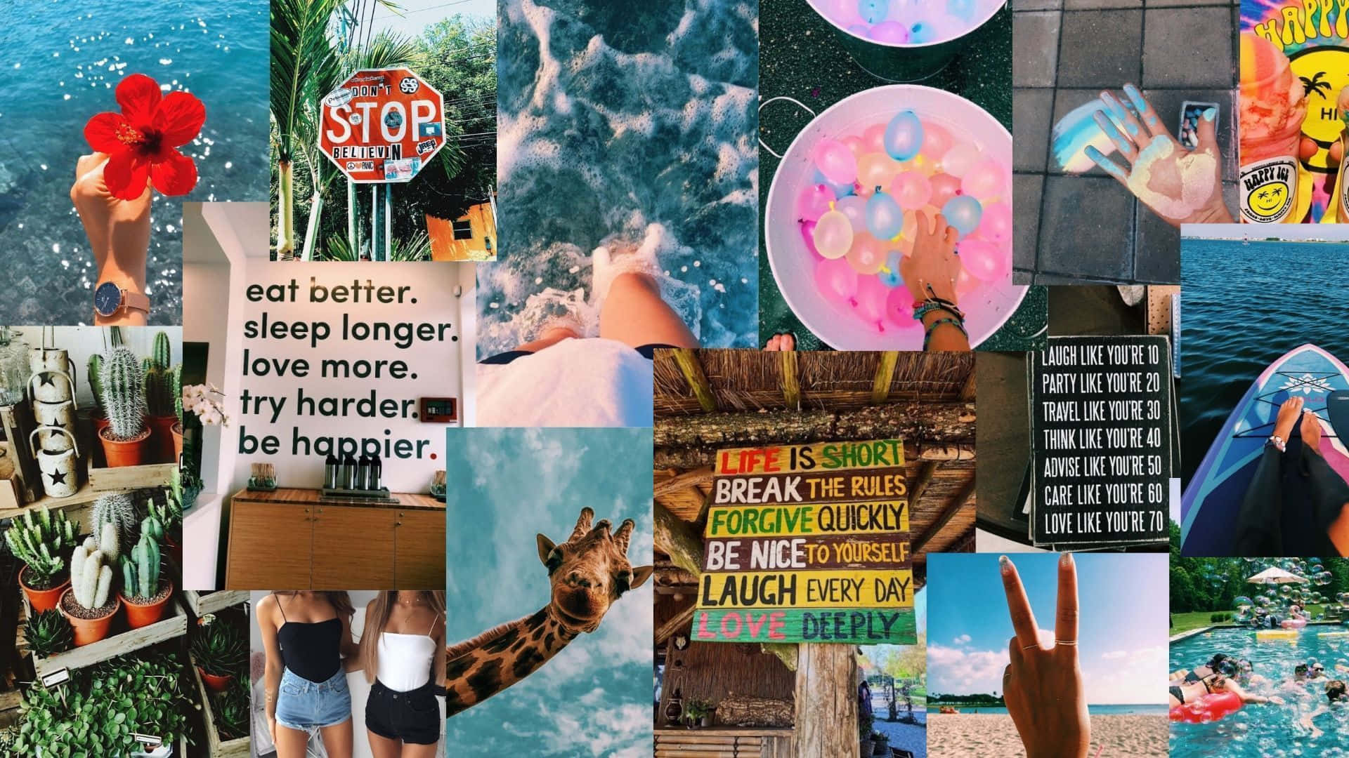 Aesthetic Vsco 桌布 壁紙 — 充滿活力的夏日時刻拼貼：沙灘、仙人掌、長頸鹿、槳板和明亮天空下的勵志名言。