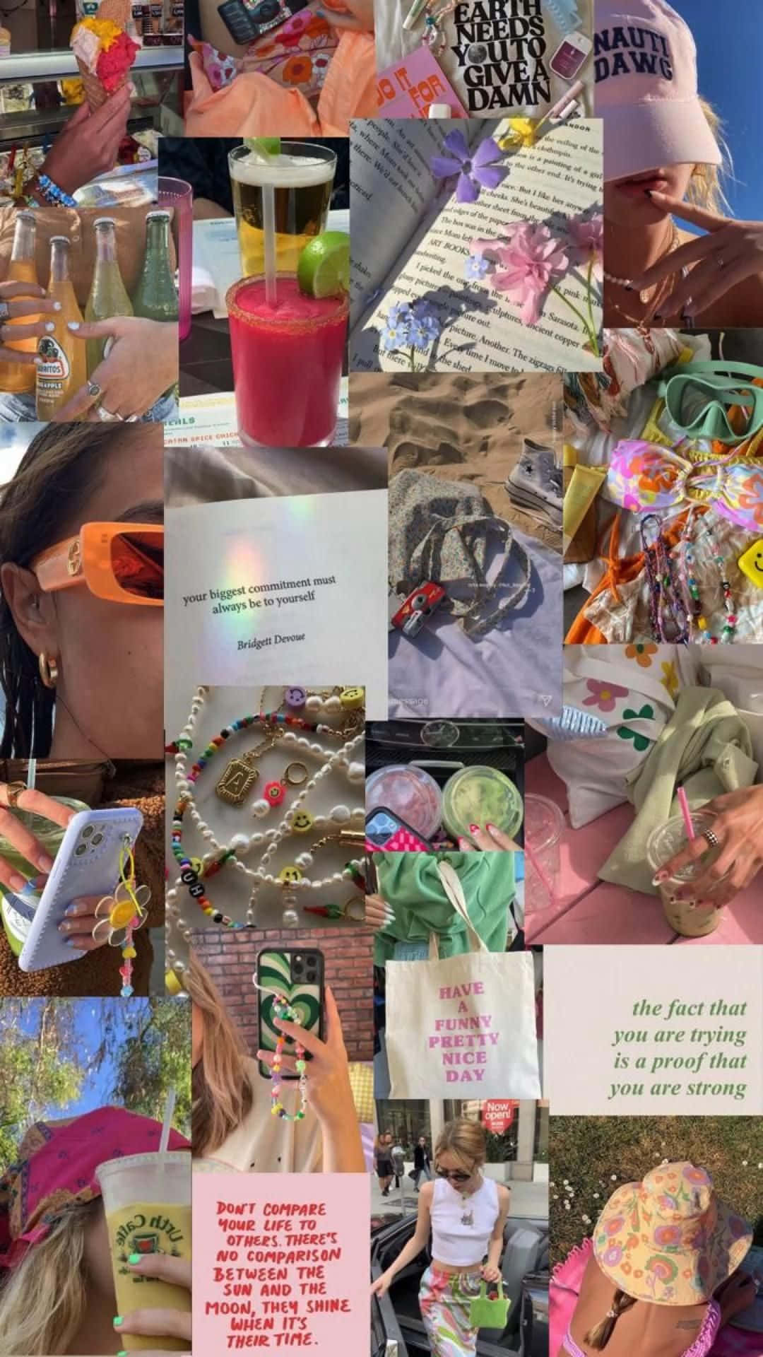 Danish Aesthetic 桌布 壁紙 — 充滿活力的夏日生活風格拼貼畫，包含飲品、珠寶、名言和色彩繽紛的配件，在明亮的陽光下。