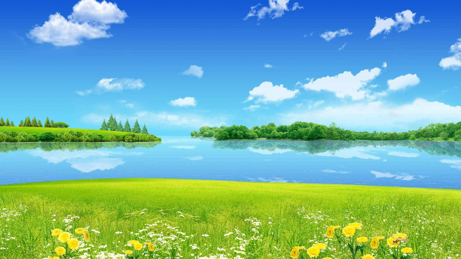 Breeze 桌布 壁紙 — 充滿活力的夏日風景，平靜的藍色湖泊倒映著翠綠山丘和野花上方蓬鬆的白雲。