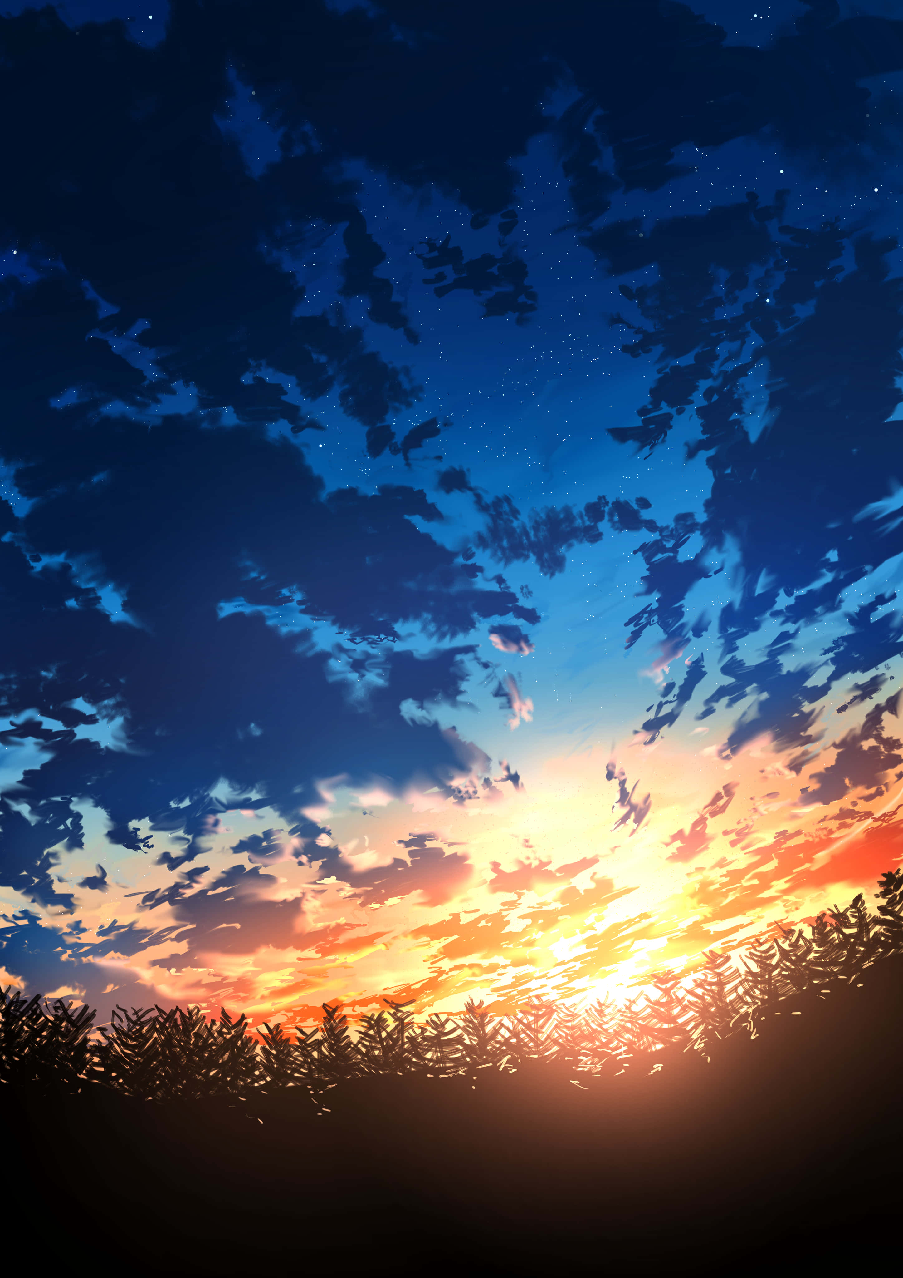 桌布 壁紙 — 充滿活力的夕陽將天空染成火熱的橙色和金色色調，而烏雲在星空下盤旋在剪影般的樹木線之上。