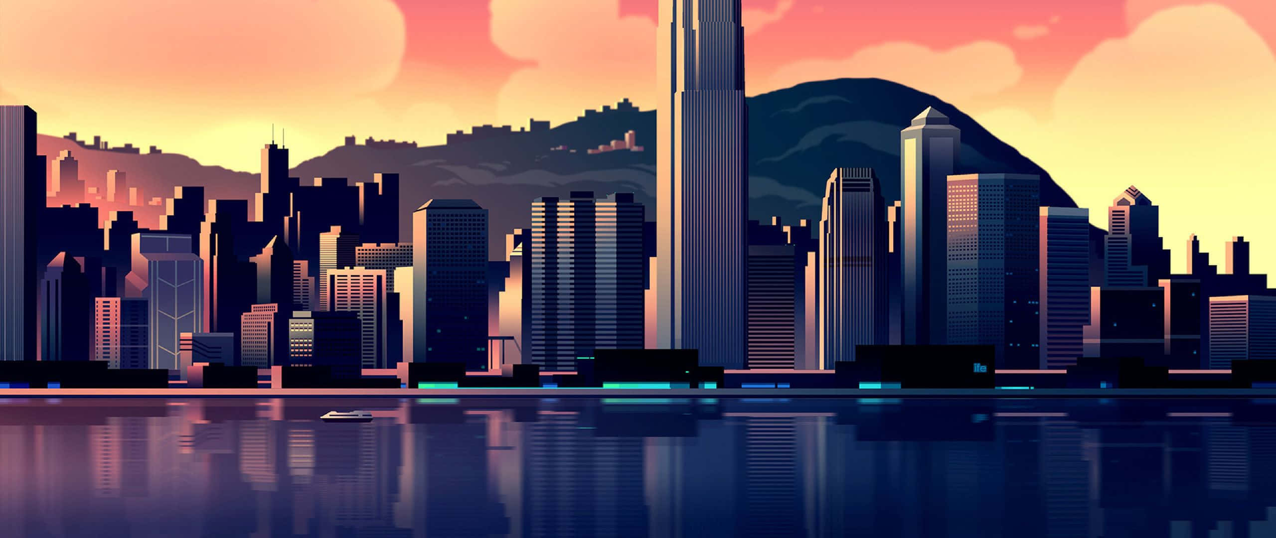 桌布 壁紙 — 充滿活力的夕陽沐浴著未來主義的城市景觀，高聳的摩天大樓和寧靜的水面倒影。