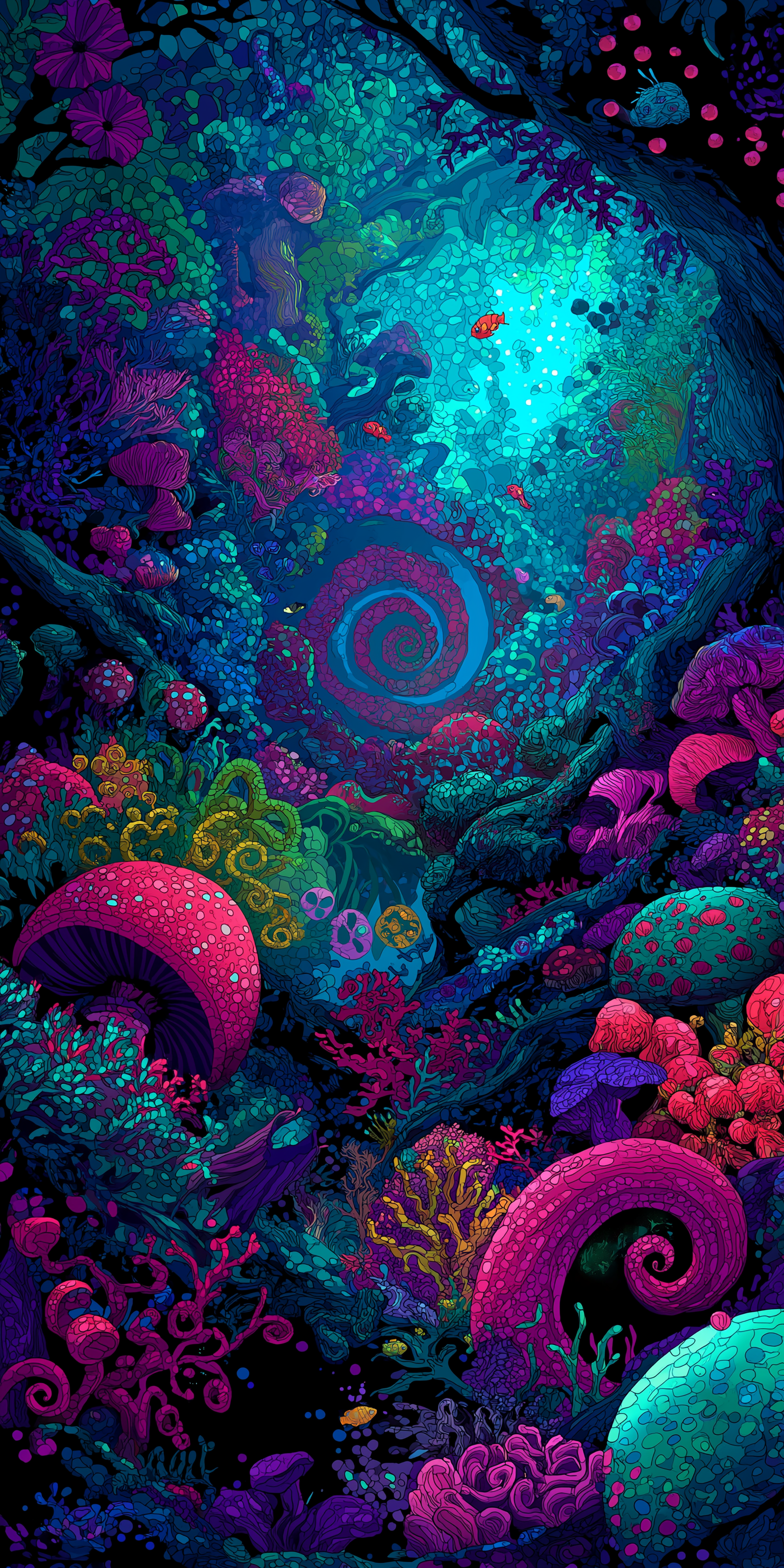 森林 桌布 壁紙 — 充滿活力的外星珊瑚礁，在深藍色燈光下呈現發光的螺旋和蘑菇狀結構。