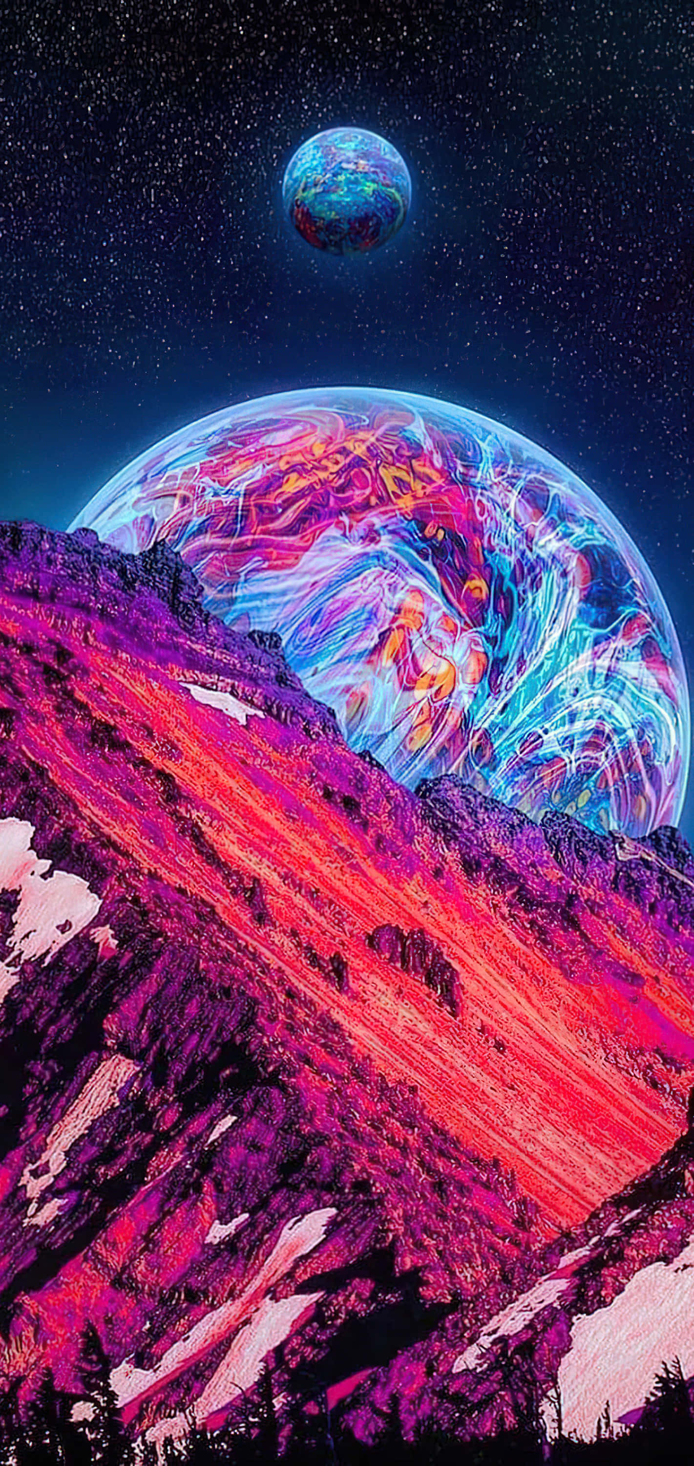 Galaxy Artwork 桌布 壁紙 — 充滿活力的外星行星，帶有旋轉的霓虹色彩，在繁星點點的夜空下，聳立在鋸齒狀的紫色山脈之上。