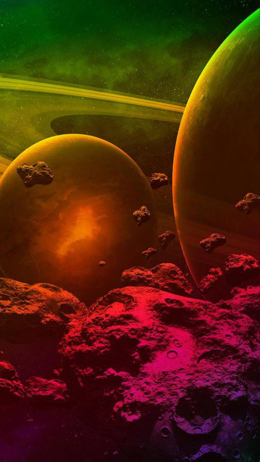 銀河 桌布 壁紙 — 充滿活力的外星行星和發光的小行星漂浮在超現實的宇宙場景中，帶有霓虹綠和火橙色調。
