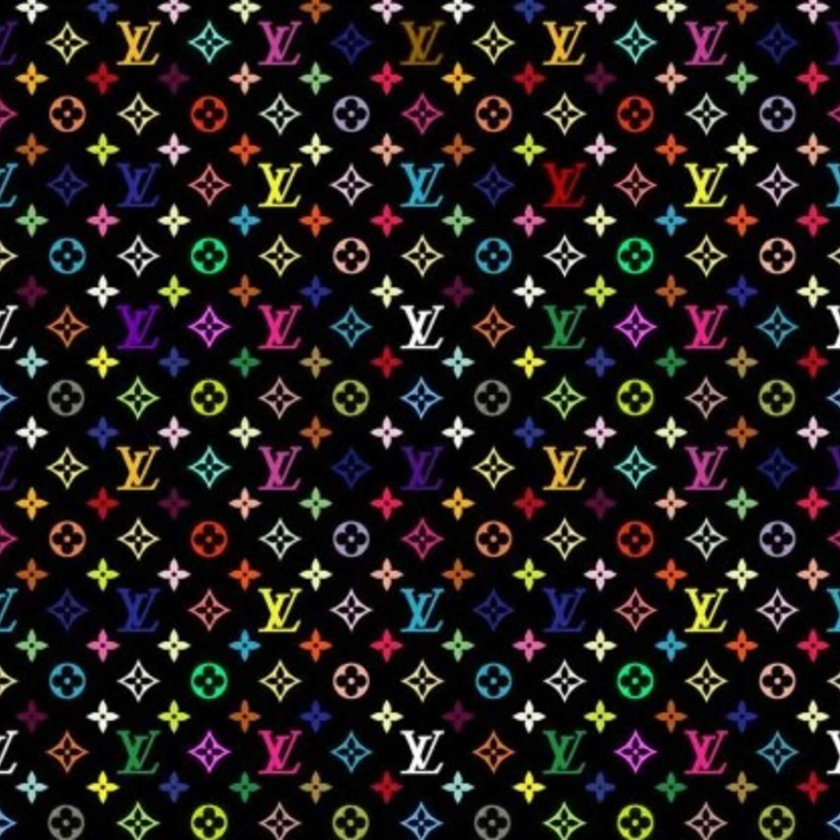 Luxury Brands 桌布 壁紙 — 充滿活力的多色 Louis Vuitton 字母圖案在黑色背景上以無縫網格重複。
