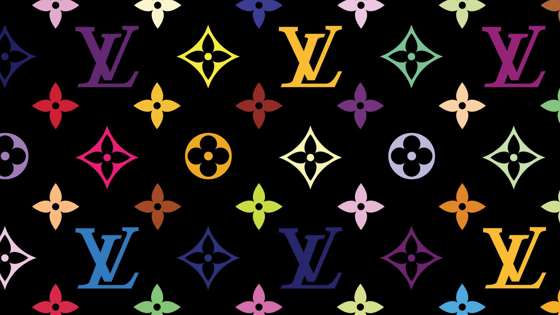 彩色動圖 桌布 壁紙 — 充滿活力的多色 Louis Vuitton 字母組合標誌和花卉圖案在純黑色背景上重複出現。