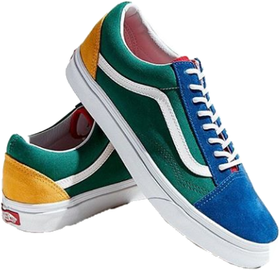 Vans 桌布 壁紙 — 充滿活力的多色 Vans Old Skool 運動鞋，帶有藍綠色、黃色和白色點綴，在黑色背景上孤立展示。