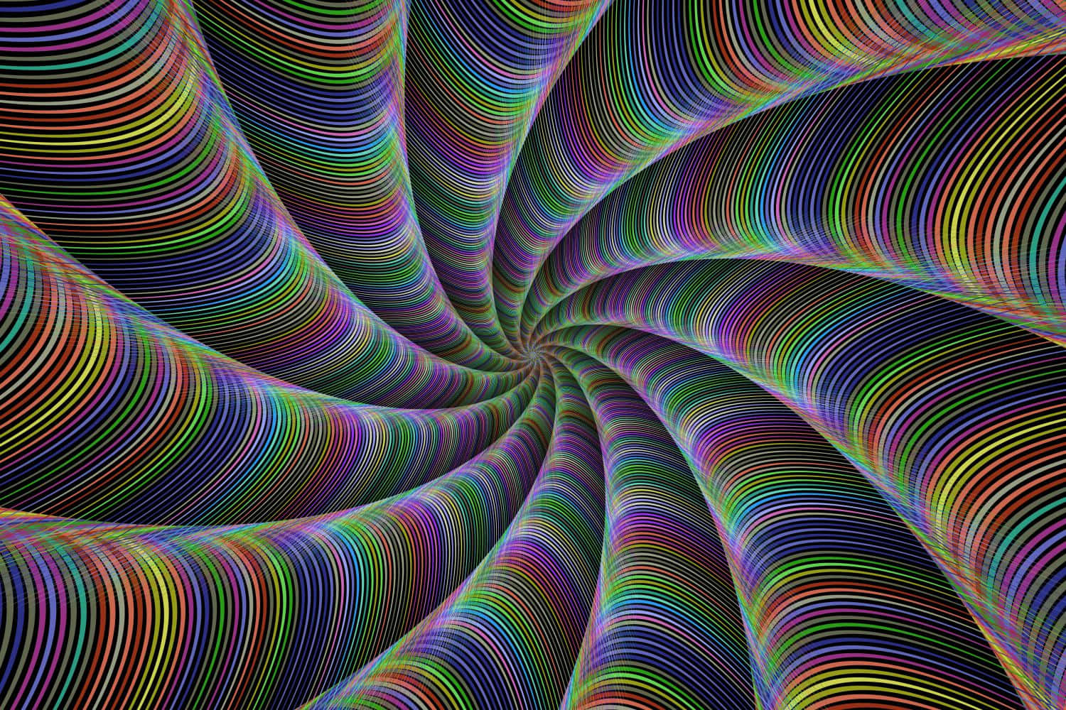碎形 桌布 壁紙 — 充滿活力的多色同心線向內螺旋，形成帶有發光霓虹色調的催眠隧道效果。