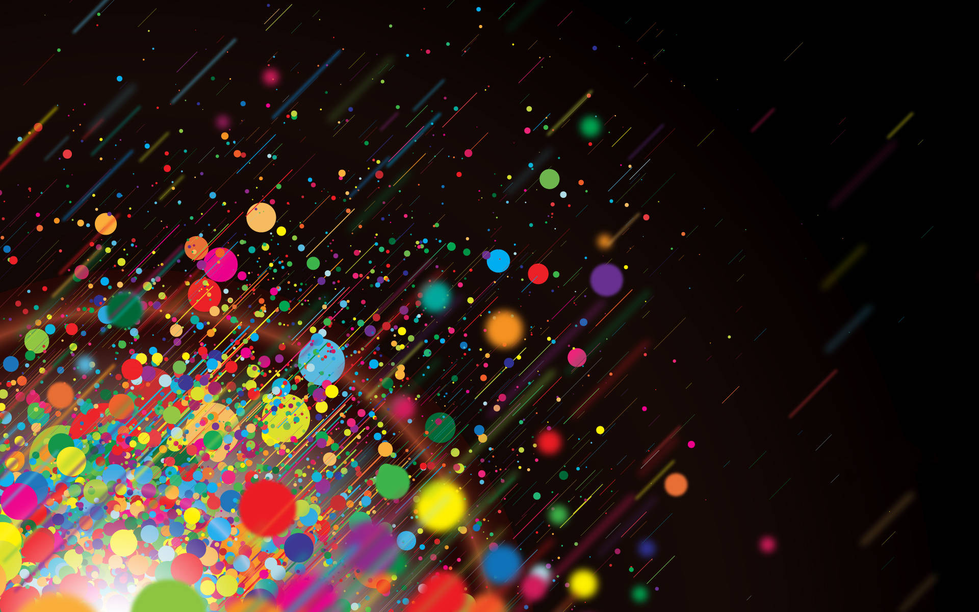 Colorful Aesthetic 桌布 壁紙 — 充滿活力的多色圓點和條紋在深色背景上對角線爆炸，形成動態的數位爆發。