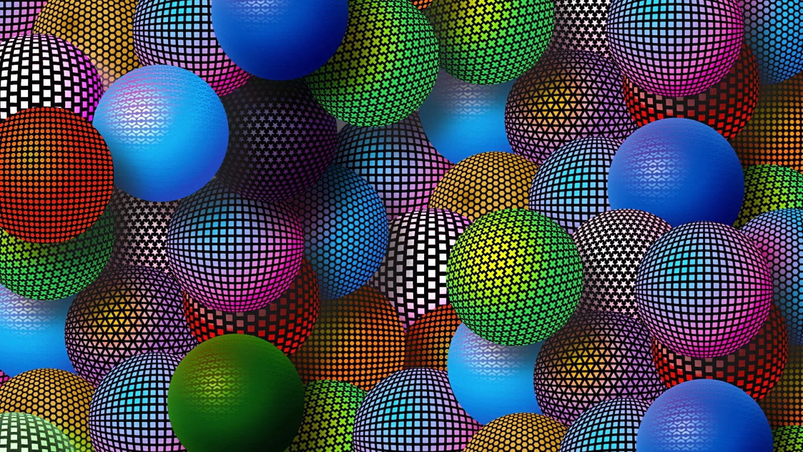 3D 桌布 壁紙 — 充滿活力的多色球體，帶有幾何點狀圖案，密集地排列在動態抽象構圖中。