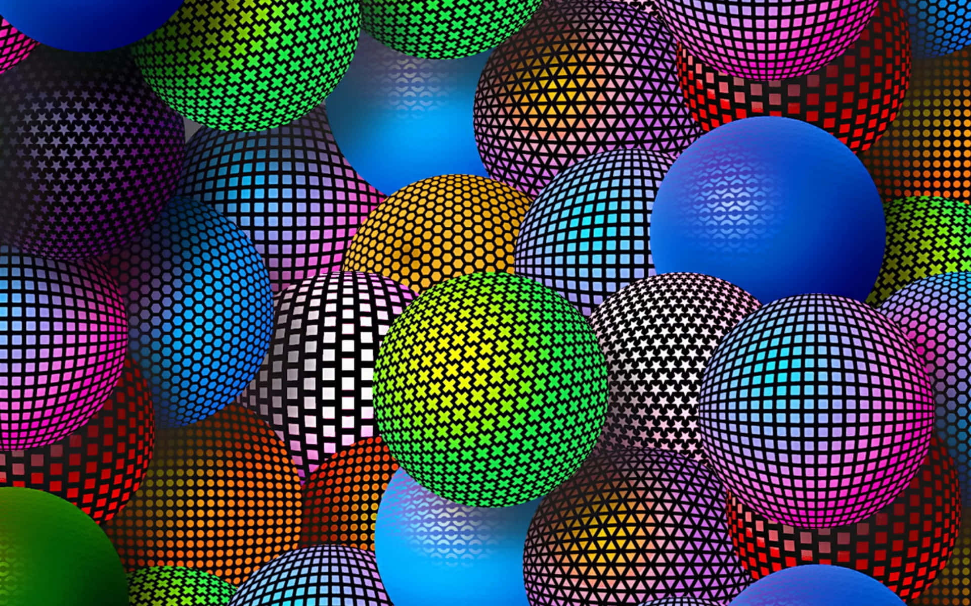 3D 桌布 壁紙 — 充滿活力的多色球體帶有幾何點狀圖案，密集地漂浮在迷幻的數位構圖中。