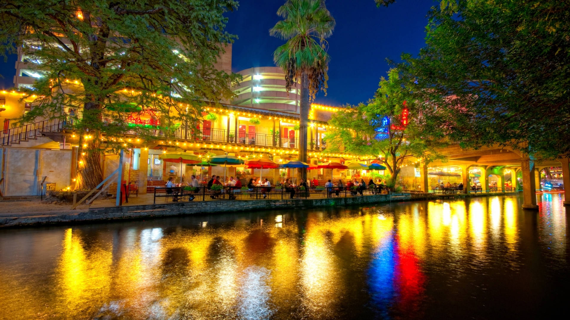 水 桌布 壁紙 — 充滿活力的夜景，運河兩旁是燈火通明的餐廳和棕櫚樹，倒映在水中。