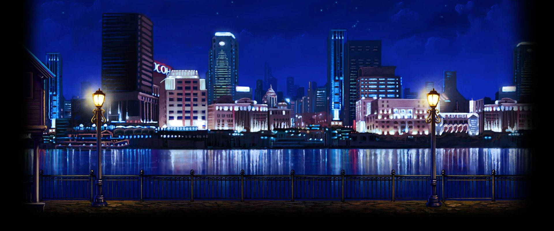 lofi 桌布 壁紙 — 充滿活力的夜景，閃爍的摩天大樓和溫暖的路燈倒映在平靜的水面上。