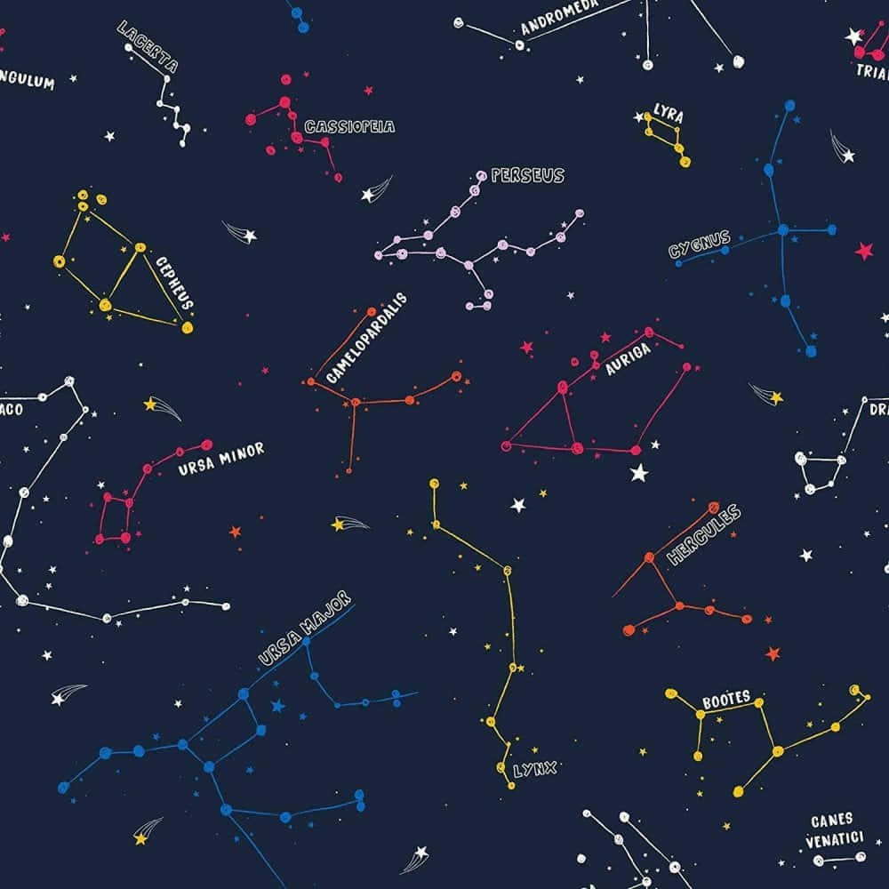 Constellations 桌布 壁紙 — 充滿活力的夜空圖案，以深海軍藍背景襯托出色彩繽紛的星座，如大熊座和天琴座。