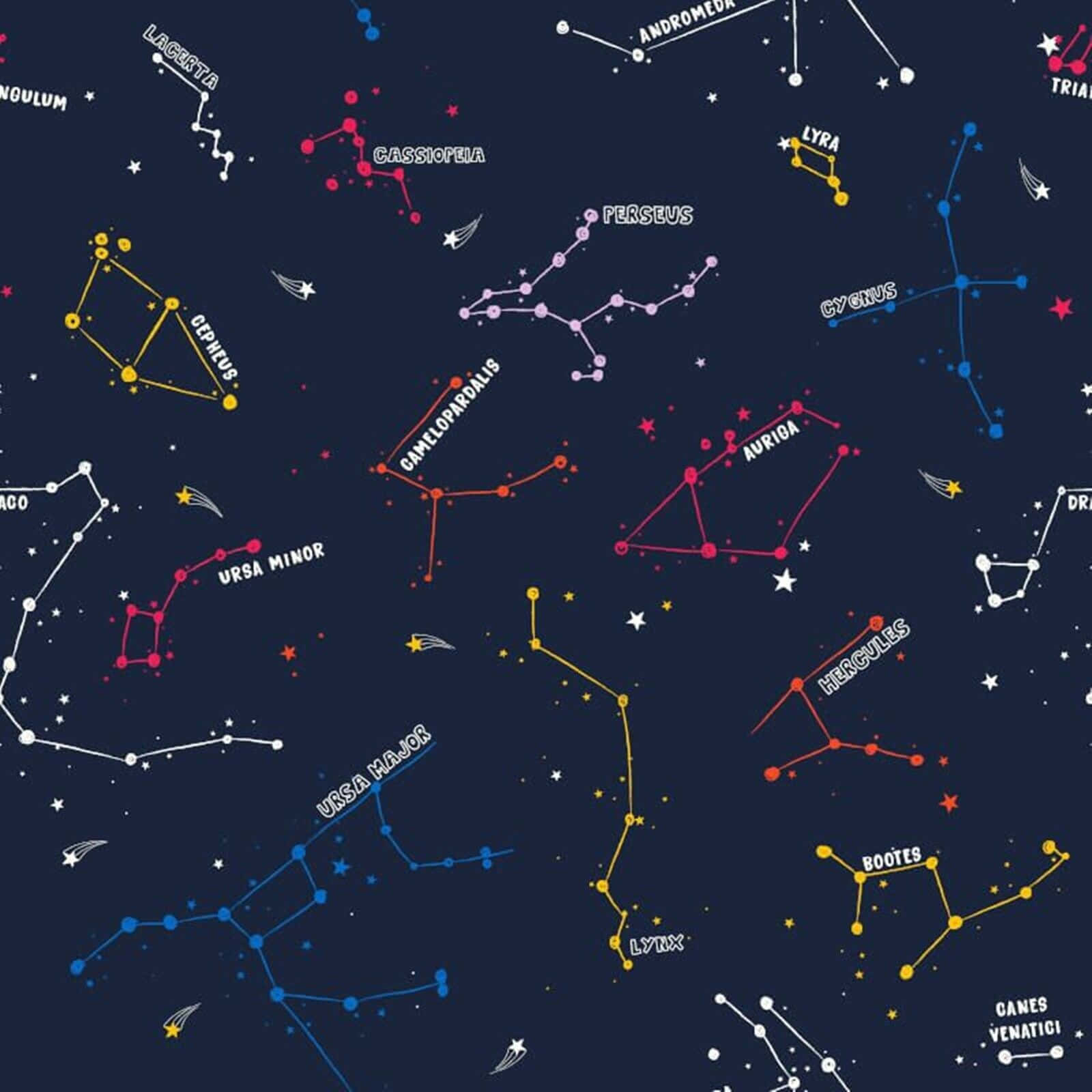 Constellations 桌布 壁紙 — 充滿活力的夜空圖案，包含色彩繽紛的星座，如大熊座和獵戶座，並在深海軍藍背景上標有星星名稱。