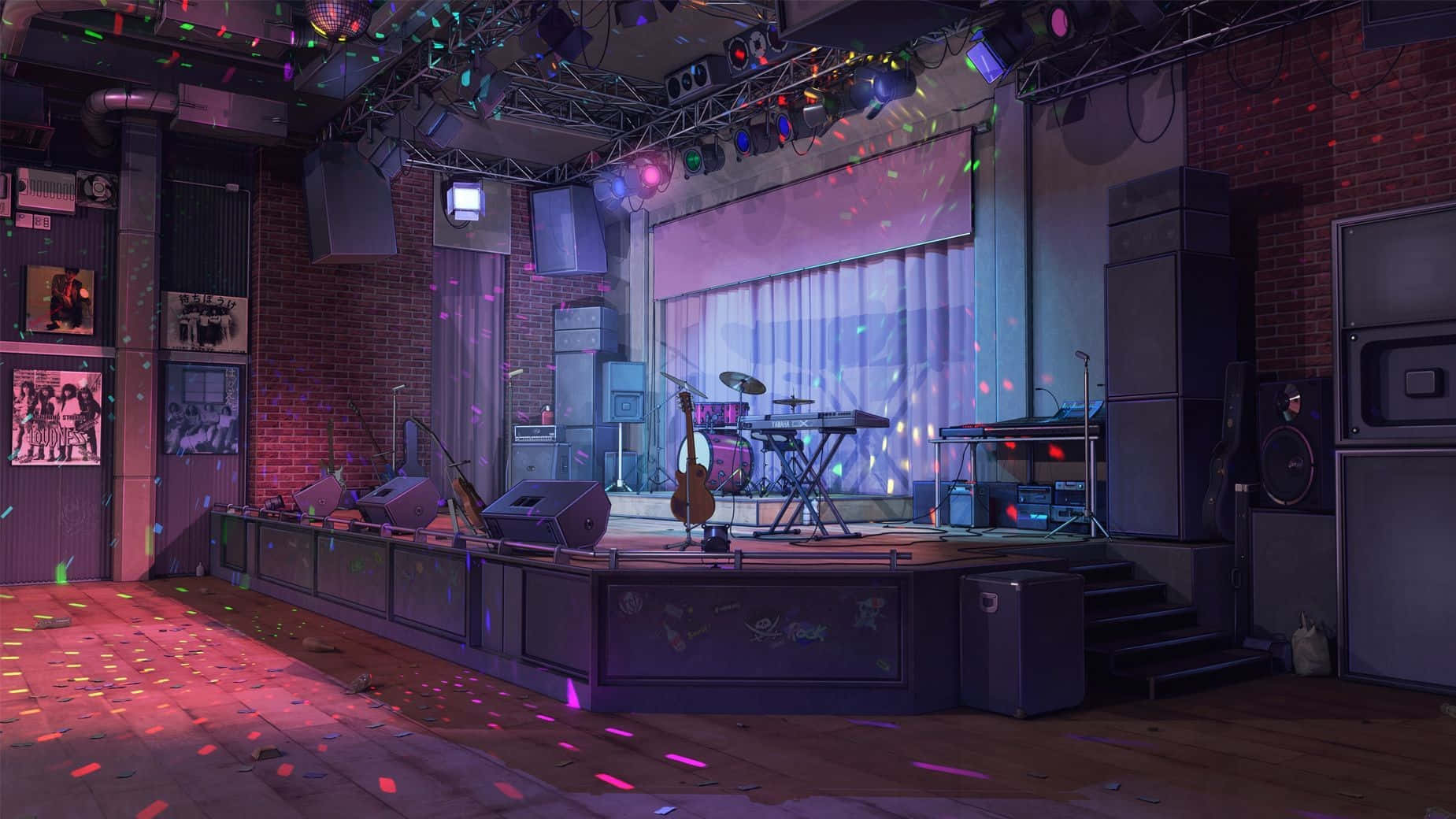 Club Party 桌布 壁紙 — 充滿活力的夜總會舞台，沐浴在色彩繽紛的迪斯可燈光中，五彩紙屑落在磚牆和樂器上。