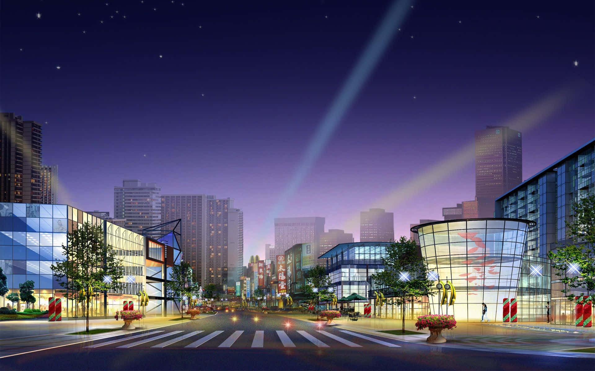 Cartoon 桌布 壁紙 — 充滿活力的夜間城市景觀，閃爍的摩天大樓和探照燈穿透繁星點點的紫色天空。