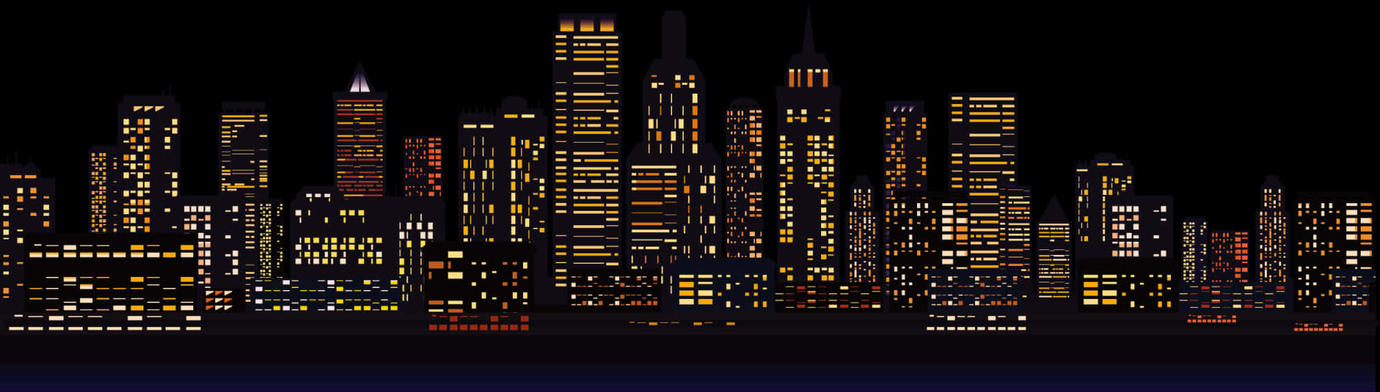 City Skyline 桌布 壁紙 — 充滿活力的夜間城市景觀，高聳的摩天大樓在深黑色的天空中閃爍著溫暖的黃色和橙色燈光。