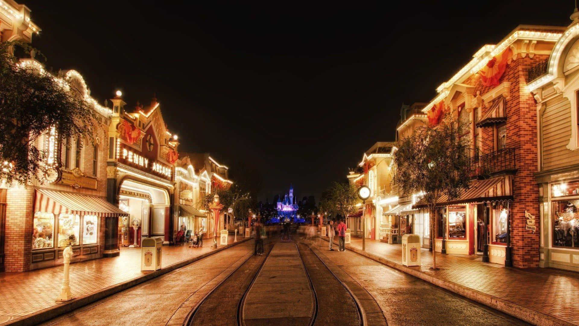 Disneyland 桌布 壁紙 — 充滿活力的夜間街景，閃爍的商店門面和通往遠處城堡的電車軌道。