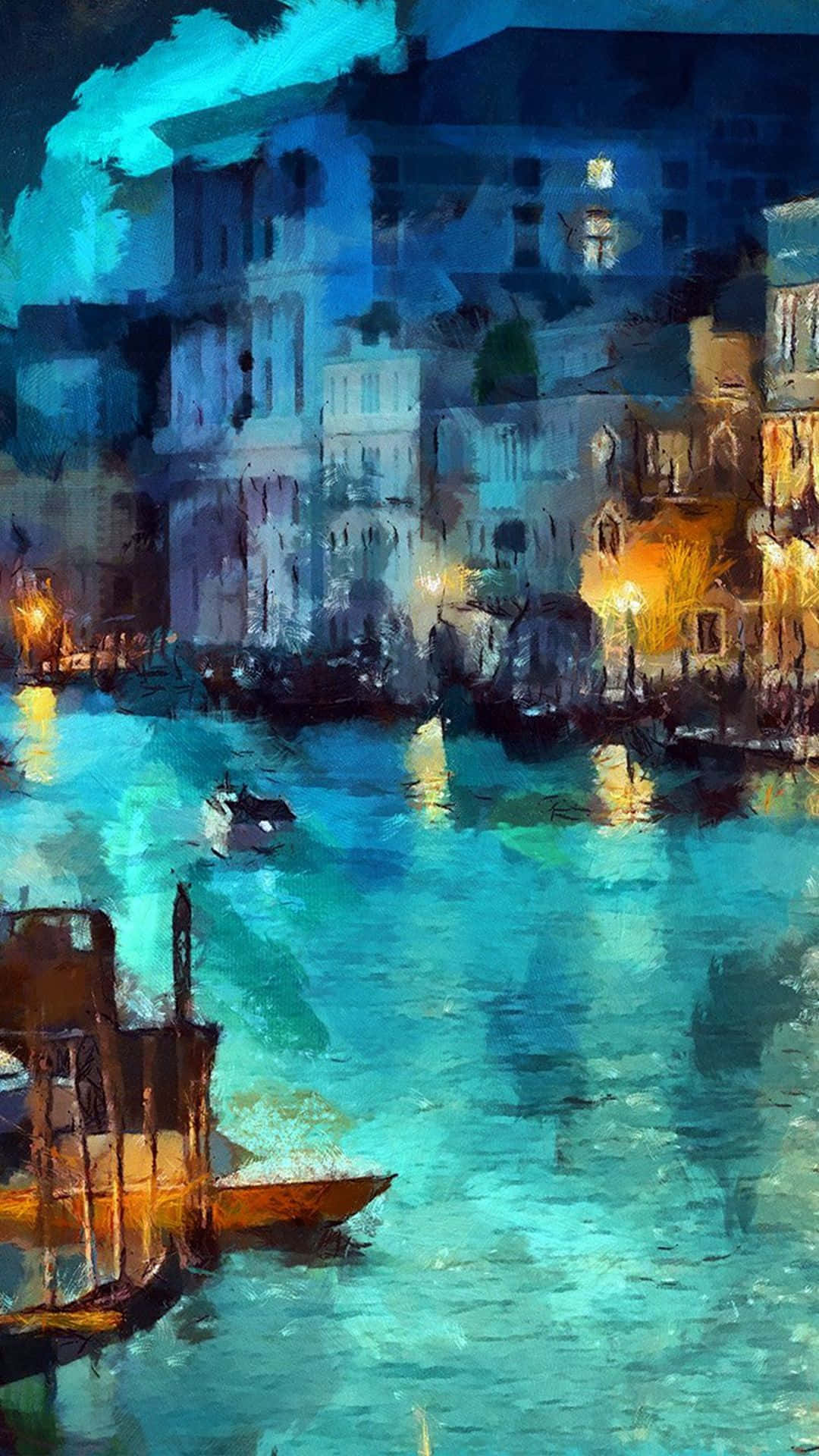 桌布 壁紙 — 充滿活力的夜間運河場景，溫暖的燈光在歷史建築旁的碧綠水面上閃爍倒影。
