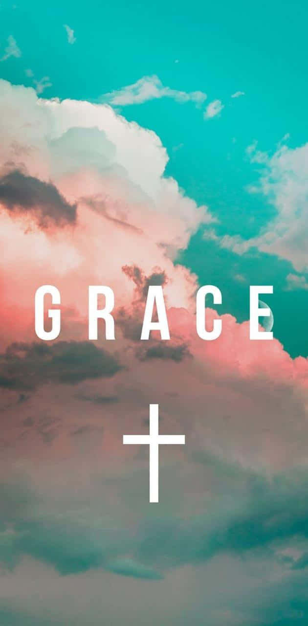 grace 桌布 壁紙 — 充滿活力的天空，帶有藍綠色和粉紅色的雲朵，以粗體白色文字顯示grace一詞和十字架。