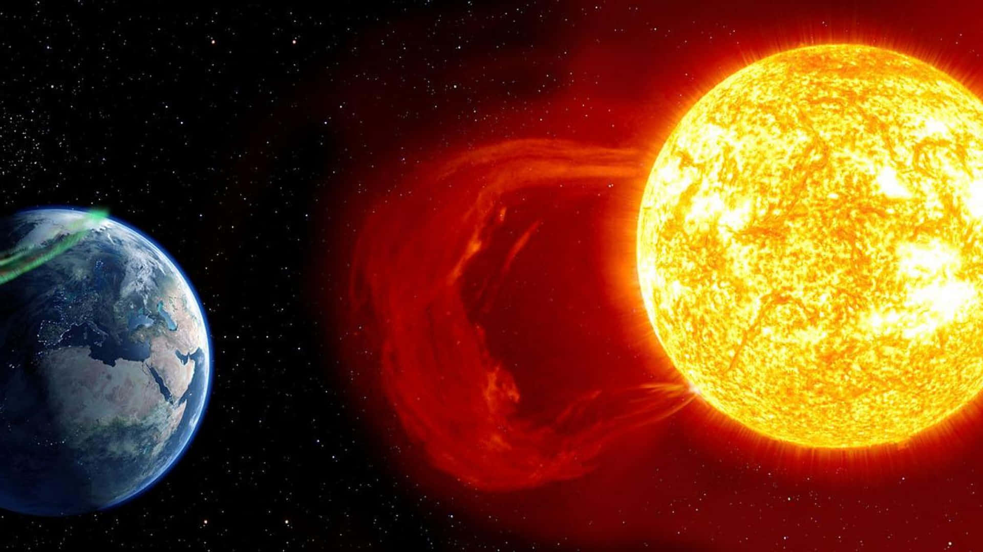 銀河 桌布 壁紙 — 充滿活力的太陽在繁星點點的太空背景下向地球發出熾熱的太陽風。