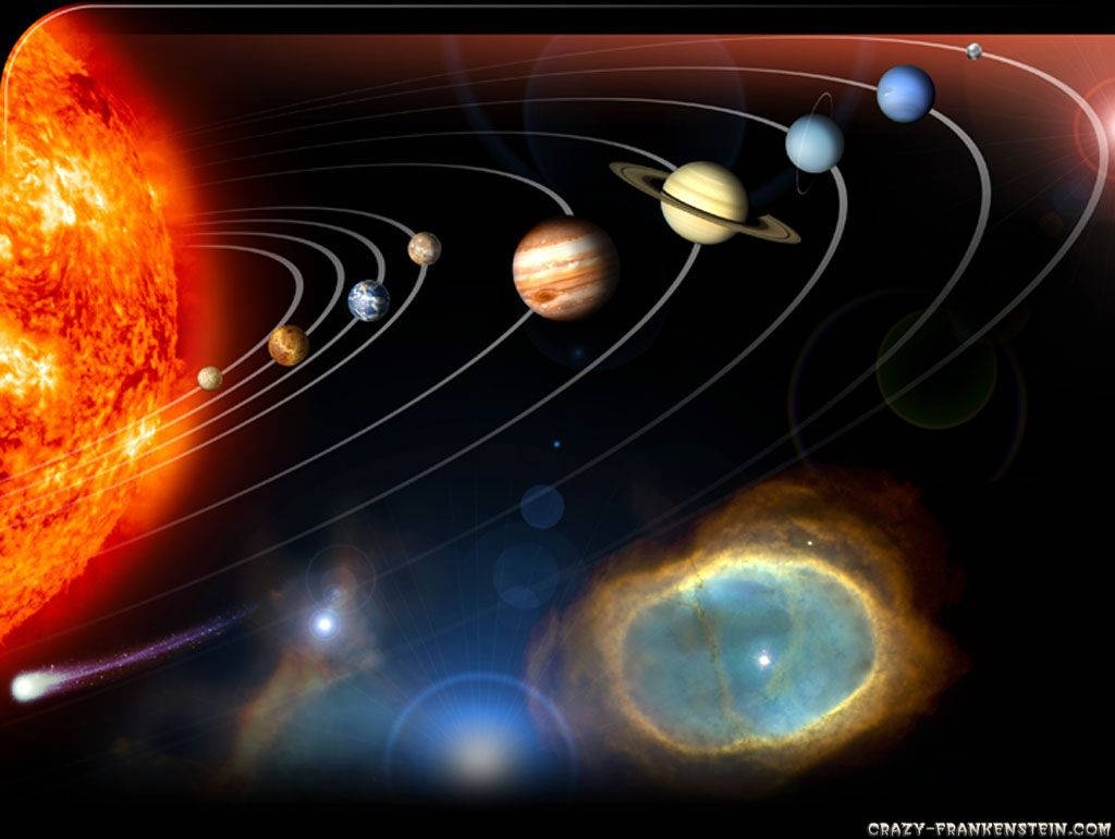 太陽系 桌布 壁紙 — 充滿活力的太陽系，帶有發光的太陽、軌道上的行星和深空中的彩色星雲。