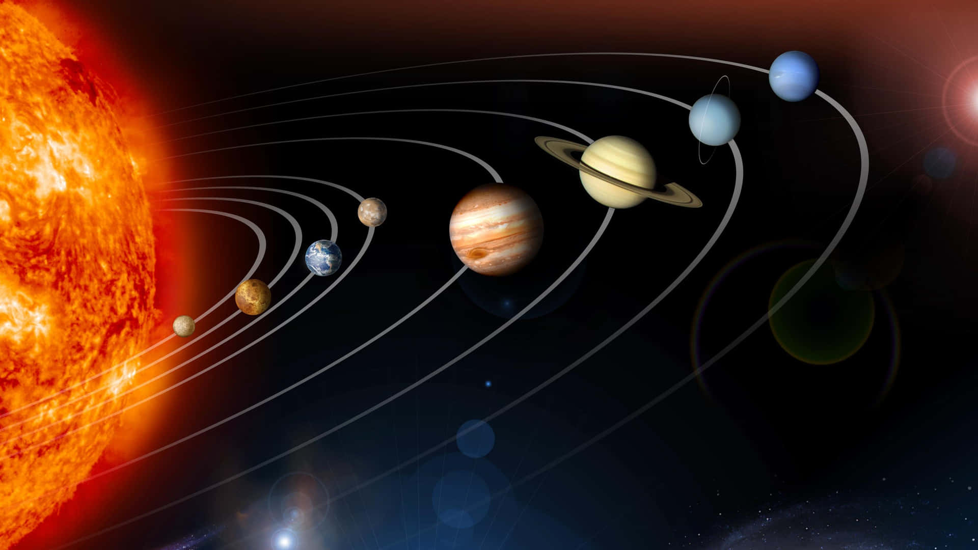 太陽系，太陽和行星在黑暗太空中的軌道路徑上。 — 太陽系 GIF 壁紙