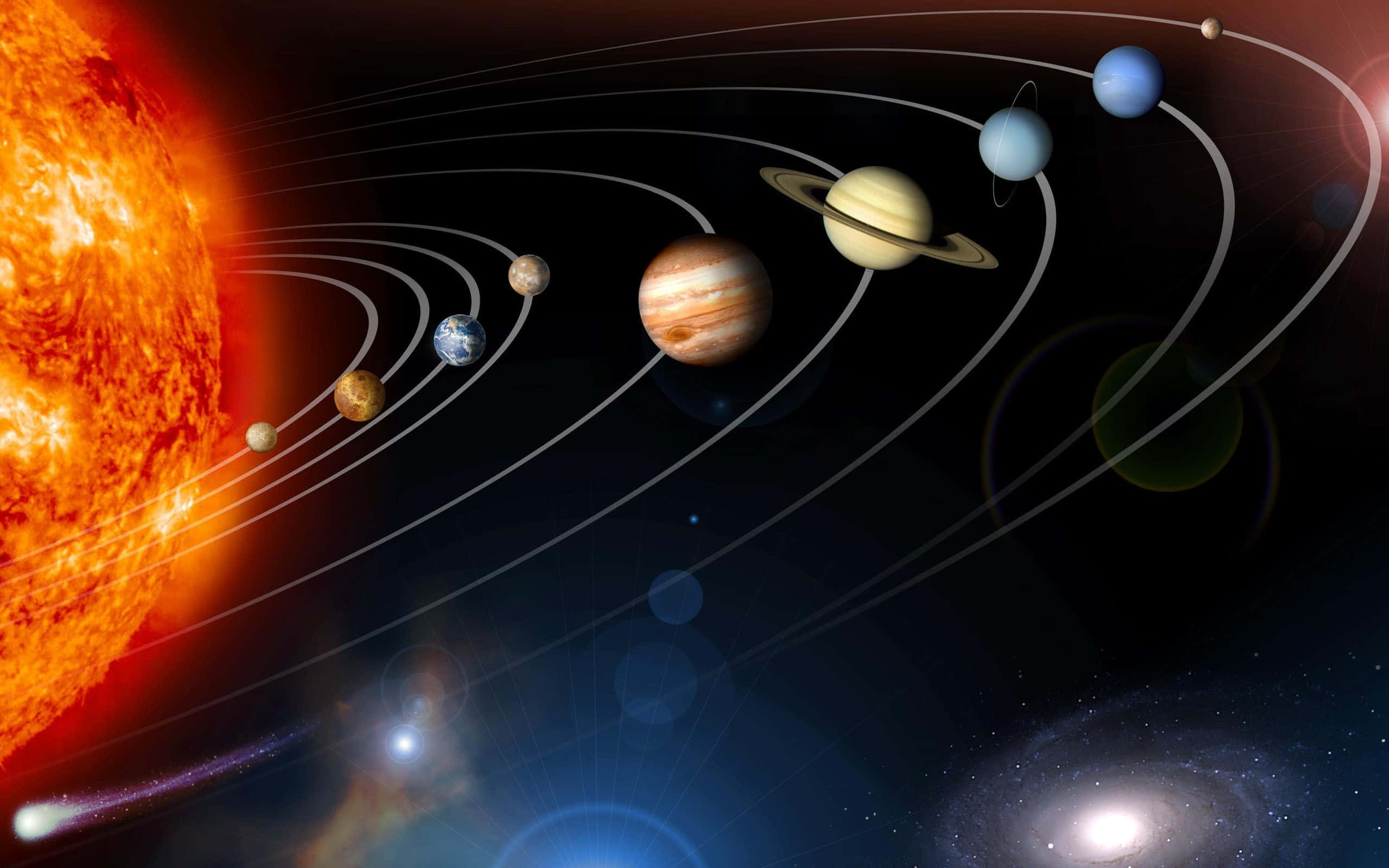 行星動畫 桌布 壁紙 — 充滿活力的太陽系插圖，發光的太陽和繞軌道運行的行星，背景是繁星點點的宇宙。