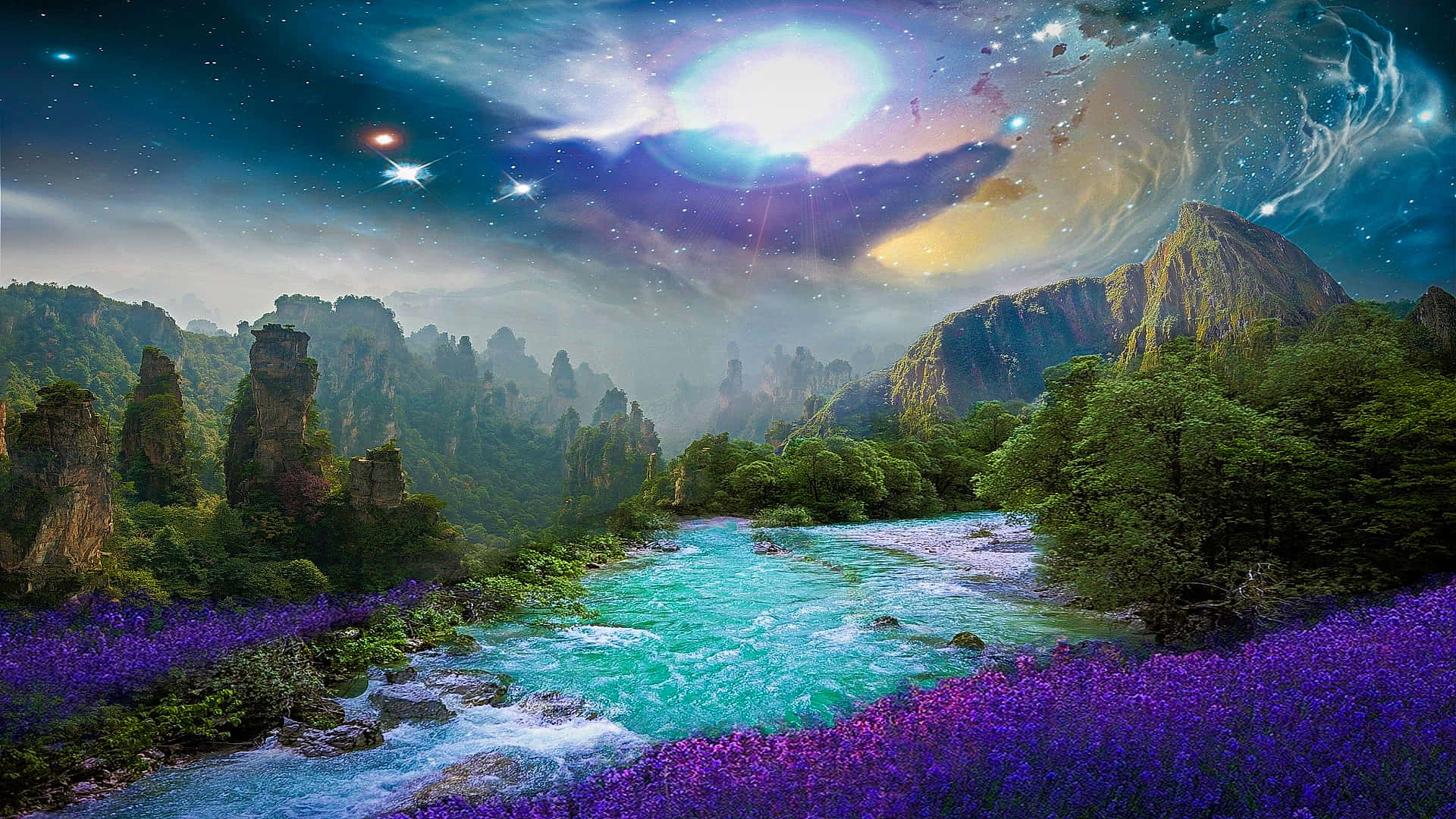 奇幻島 桌布 壁紙 — 充滿活力的奇幻景觀，一條碧綠色的河流在星空宇宙天空下流過紫色花田。
