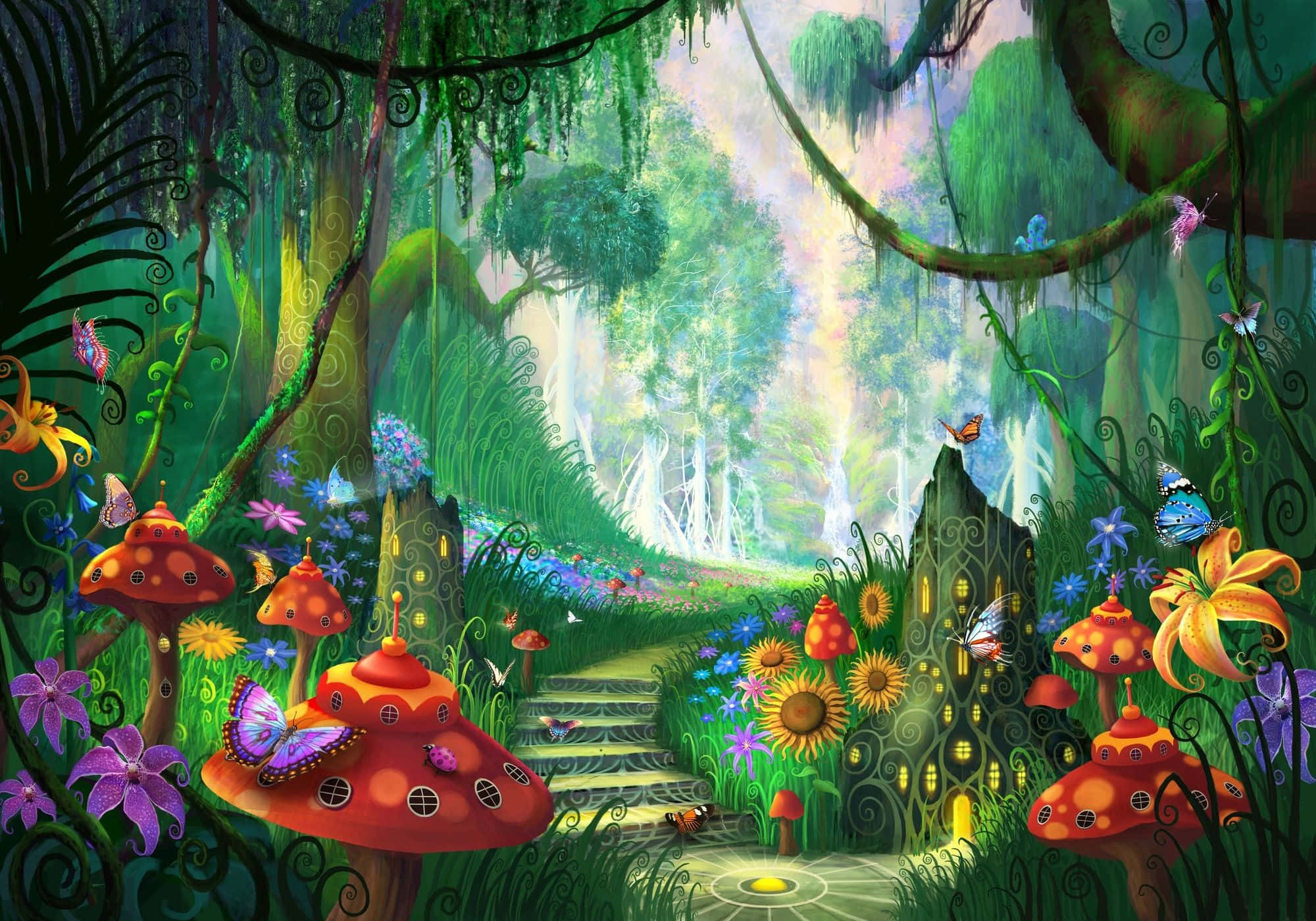 Enchantment 桌布 壁紙 — 充滿活力的奇幻森林，有發光的蘑菇屋、蜿蜒的石徑和蝴蝶在茂密綠意中翩翩飛舞。