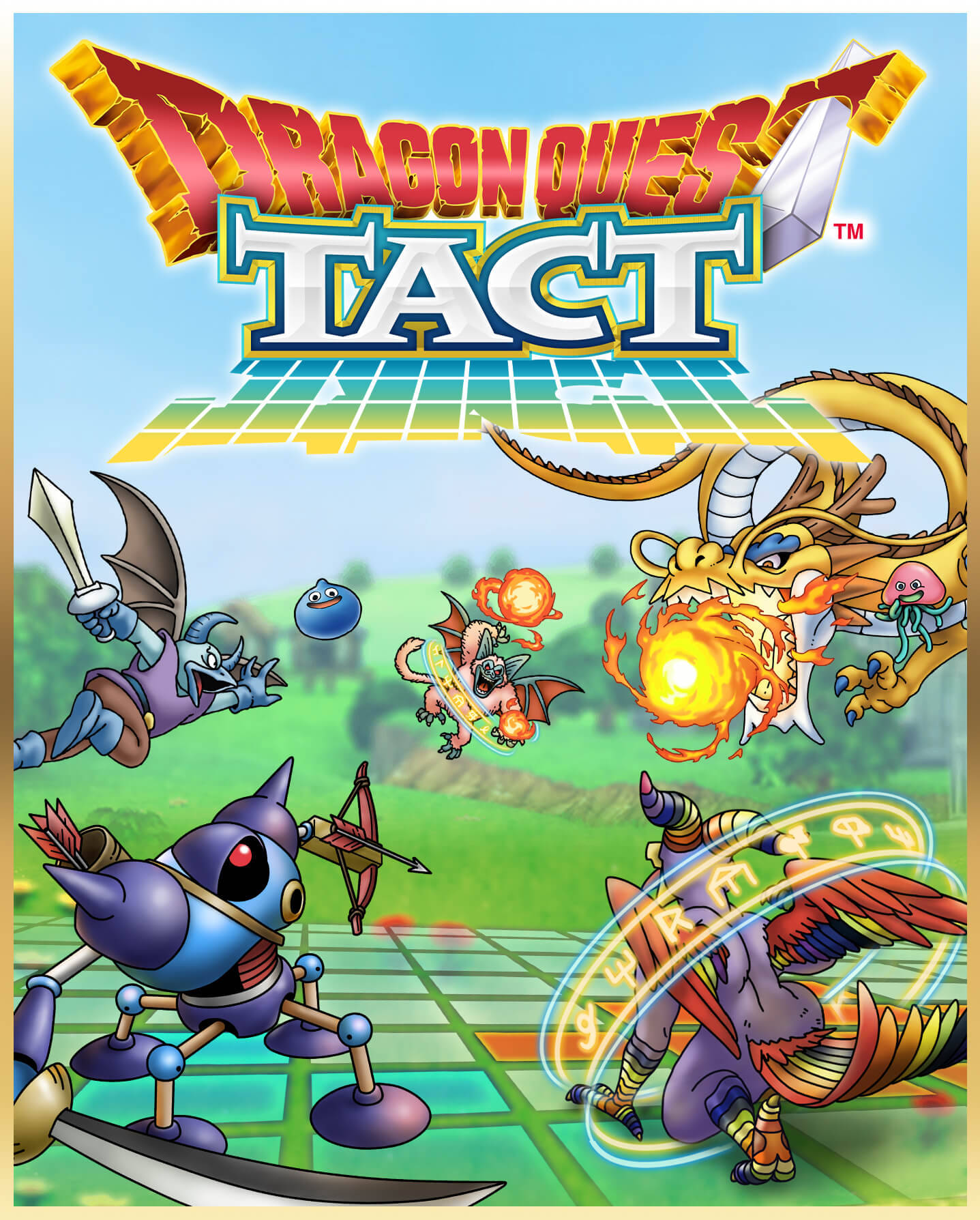dragon quest 桌布 壁紙 — 充滿活力的奇幻生物在明亮的藍天下，在發光的網格戰場上戰鬥的《勇者鬥惡龍 戰略指揮家》遊戲封面。
