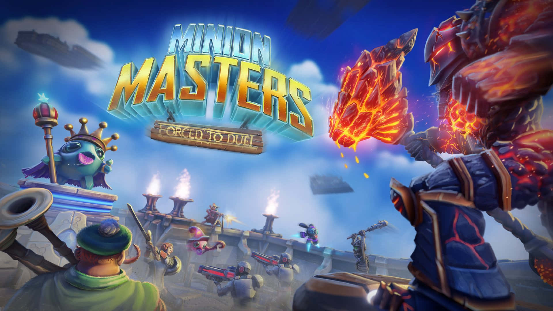 Moba Games 桌布 壁紙 — 充滿活力的奇幻遊戲場景，卡通風格的小兵在明亮的天空下使用火焰魔法和古怪角色戰鬥。