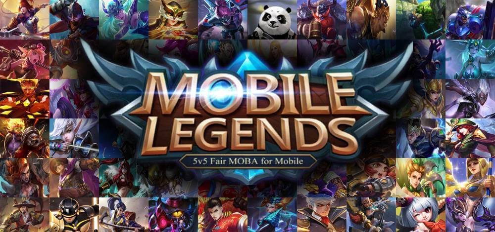 mobile legends logo 桌布 壁紙 — 充滿活力的奇幻遊戲角色拼貼畫，環繞著發光的「Mobile Legends」標誌。