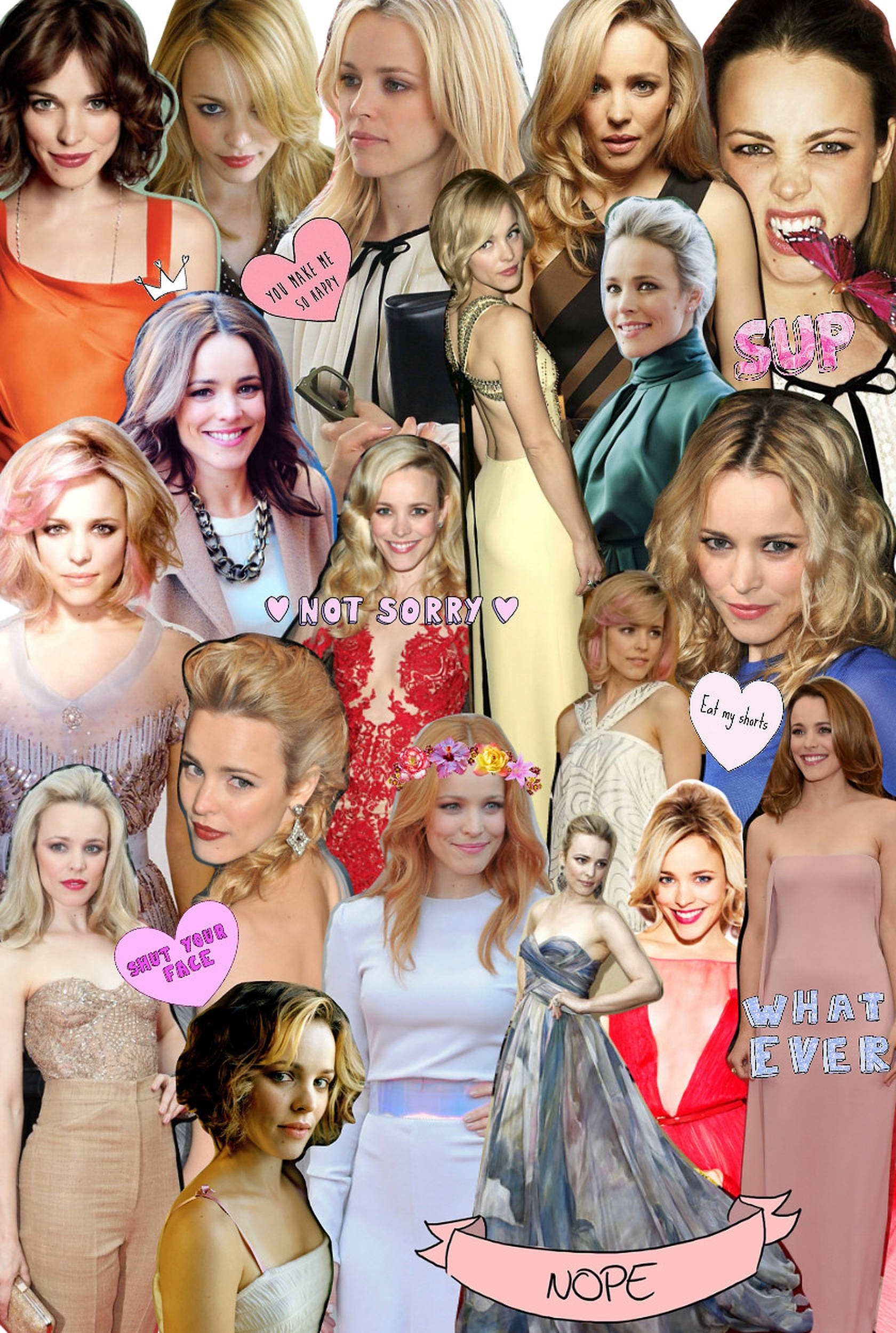 Rachel Mcadams 桌布 壁紙 — 充滿活力的女性名人拼貼畫，帶有粗體文字疊加，如「SUP」和「NOT SORRY」，在俏皮的粉紅色心形中。
