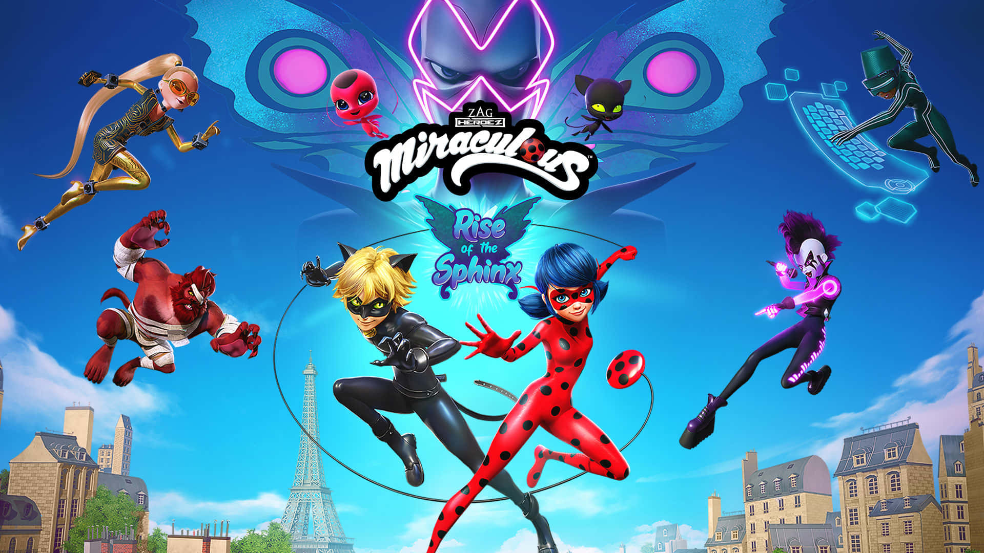Miraculous 桌布 壁紙 — 充滿活力的女超級英雄在發光的反派面孔下跳躍穿越巴黎天際線，呈現生動的動畫動作。