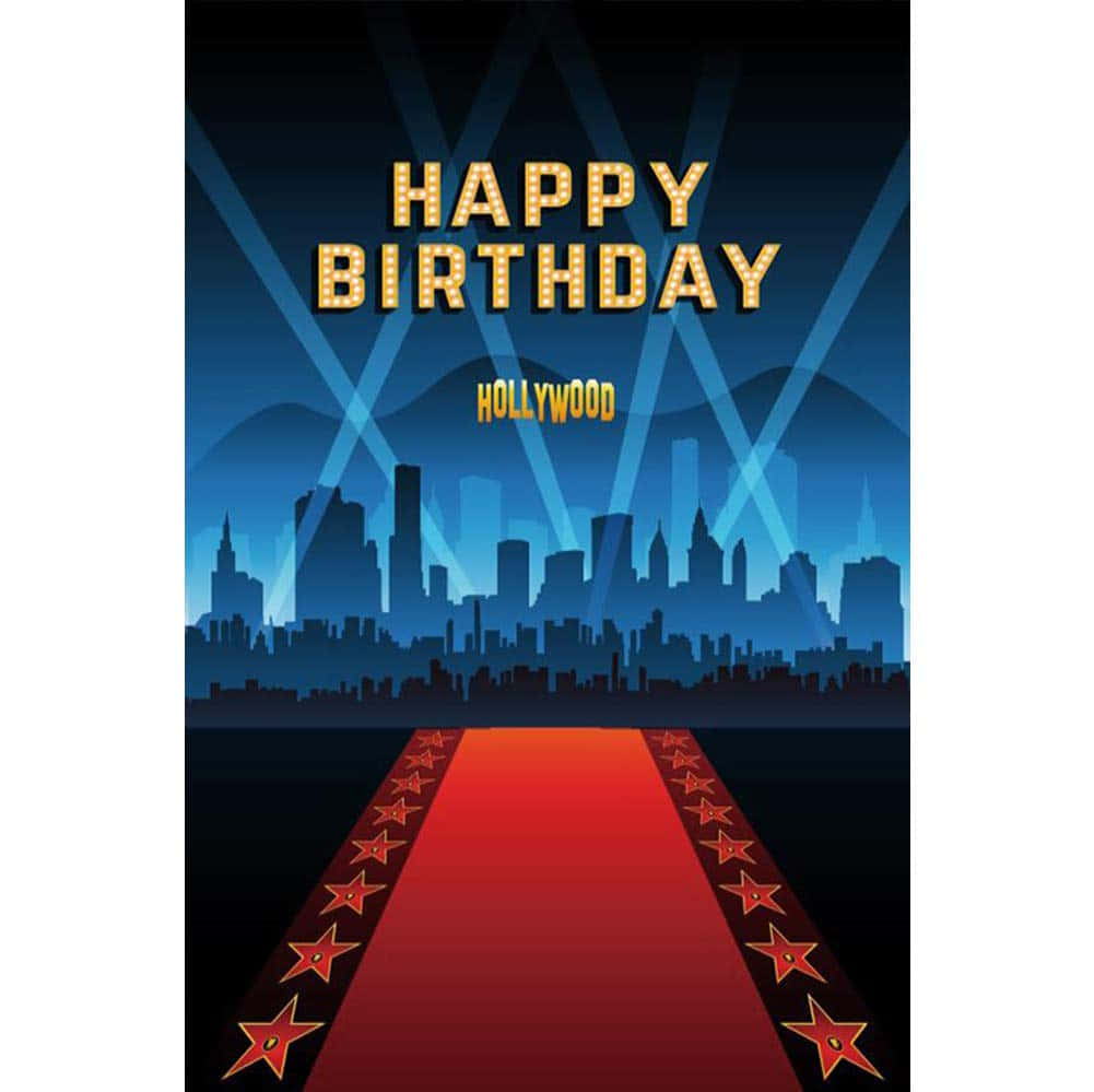 生日快樂 桌布 壁紙 — 充滿活力的好萊塢生日祝福，紅地毯上點綴著星星，在藍色聚光燈下通往閃爍的城市天際線。