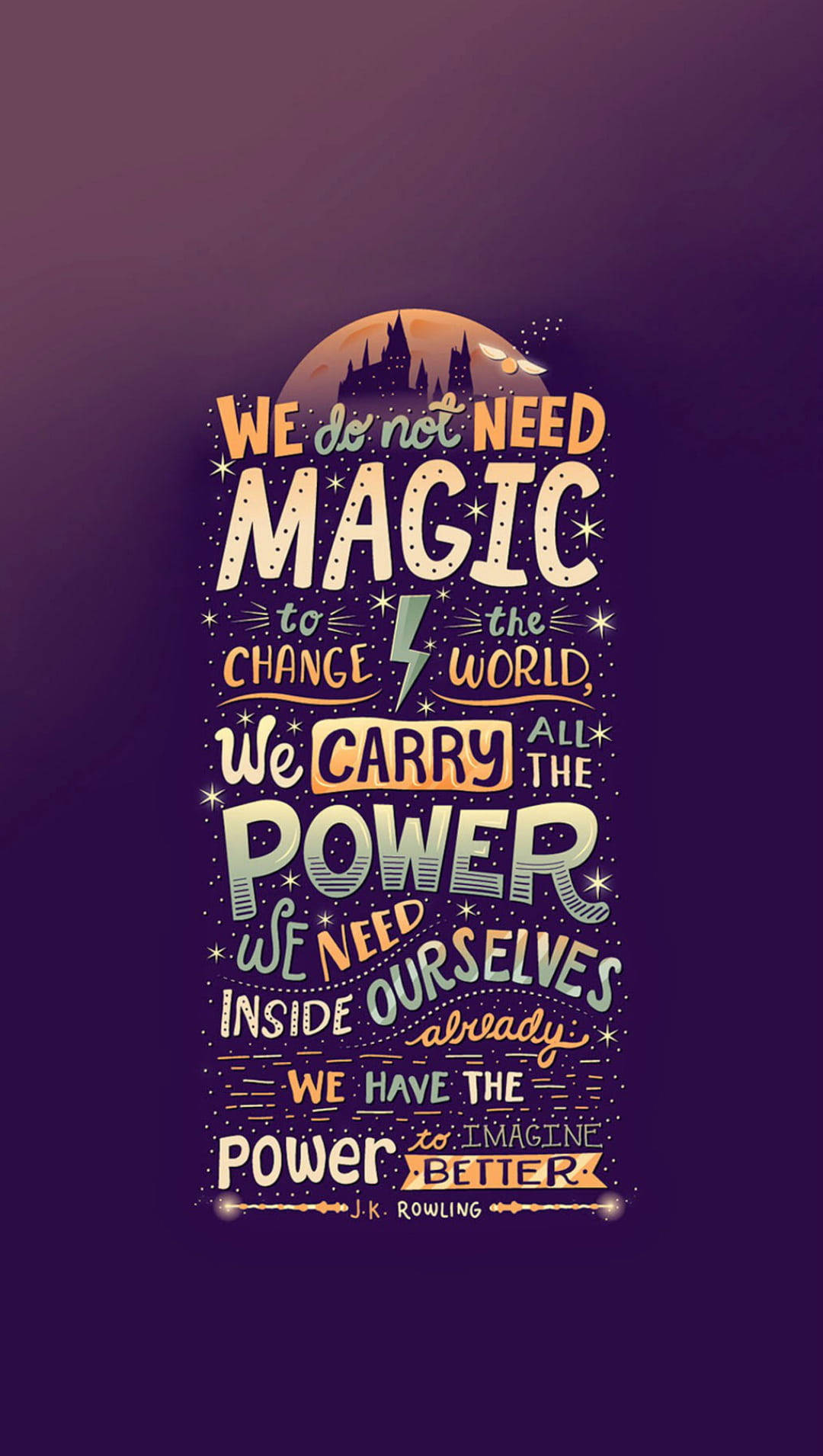 Magic 桌布 壁紙 — 充滿活力的字體名言藝術，以J.K.羅琳的勵志訊息搭配紫色漸層背景和城堡剪影。