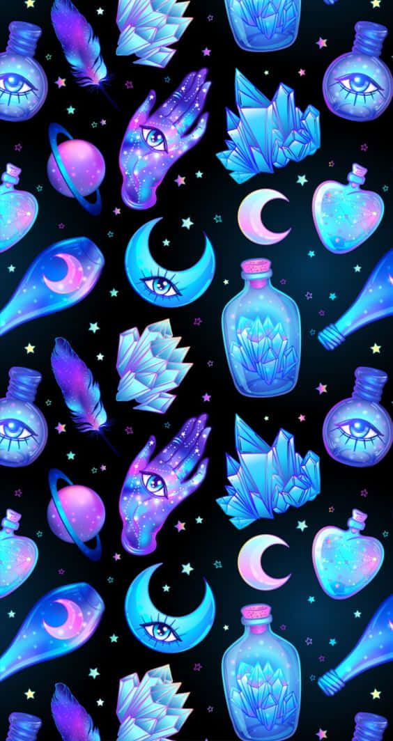 Witchy Phone 桌布 壁紙 — 充滿活力的宇宙圖案，帶有發光的藍色和紫色眼睛、月亮、水晶和瓶子，背景是星空黑色。